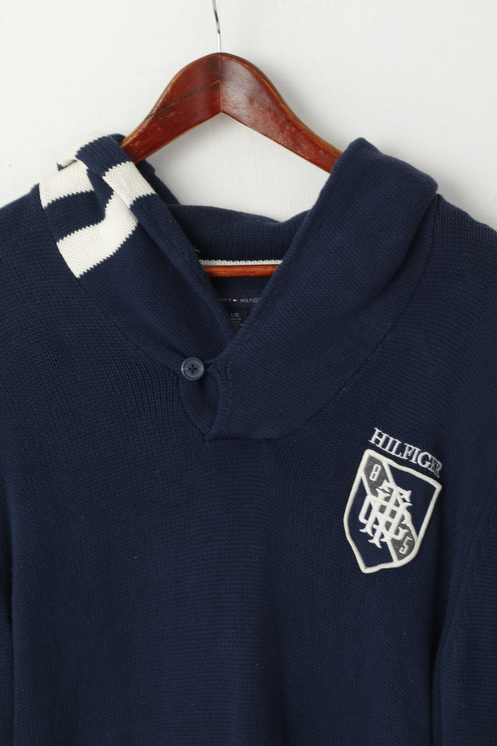 Tommy Hilfiger Hommes L Jumper Marine Coton Tricot Col Châle Pull Pull
