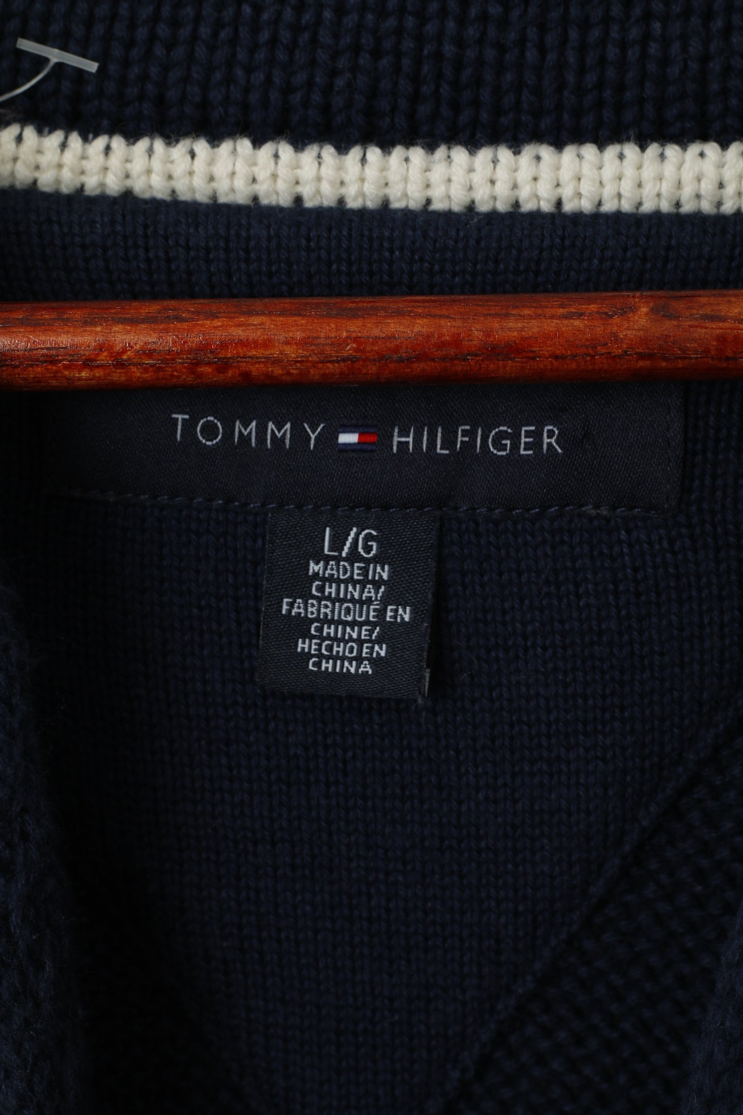 Tommy Hilfiger Uomo L Jumper Maglione pullover con collo a scialle in maglia di cotone blu scuro