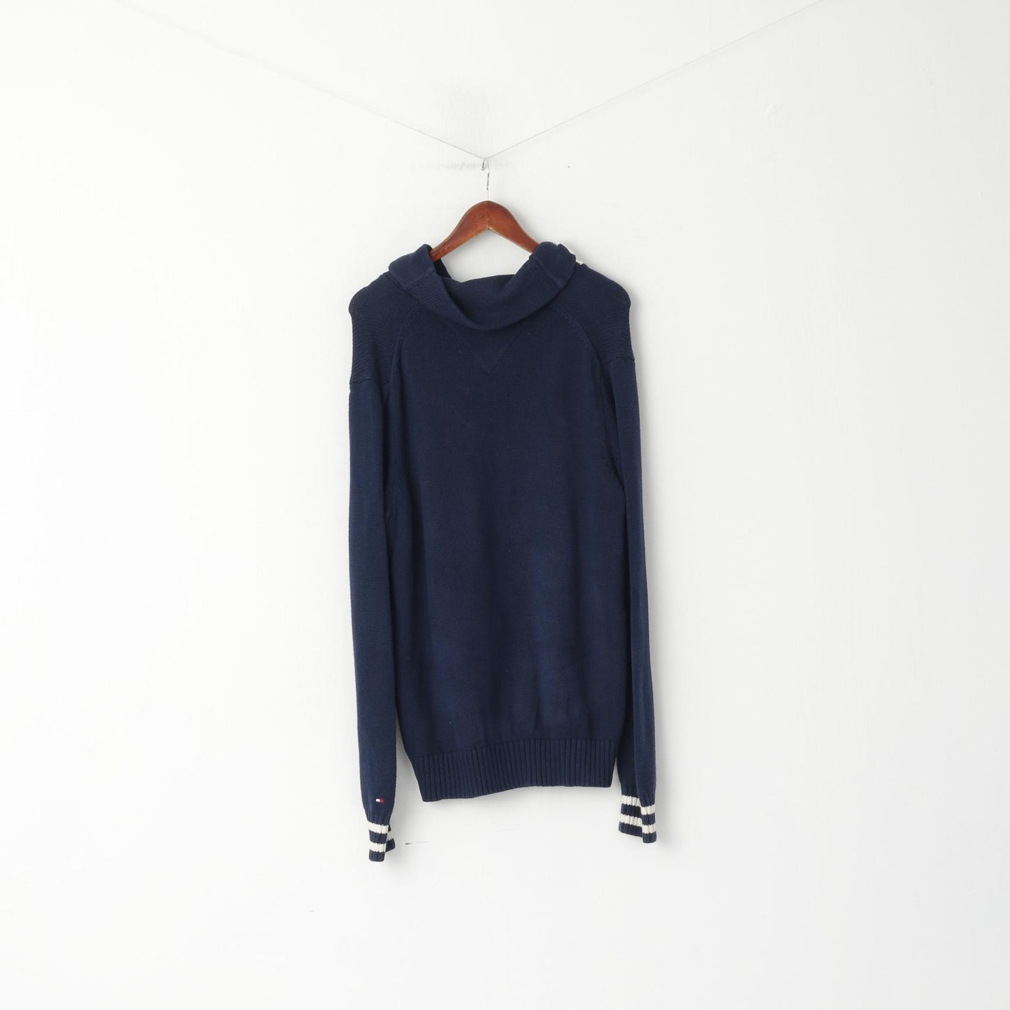 Tommy Hilfiger Hommes L Jumper Marine Coton Tricot Col Châle Pull Pull