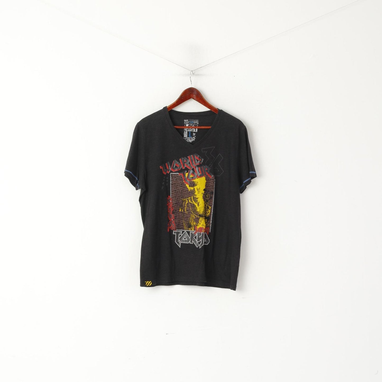 Lost Empire Men L Shirt Black Cotton V Neck Graphic Tokyo Slim De Luxe Top