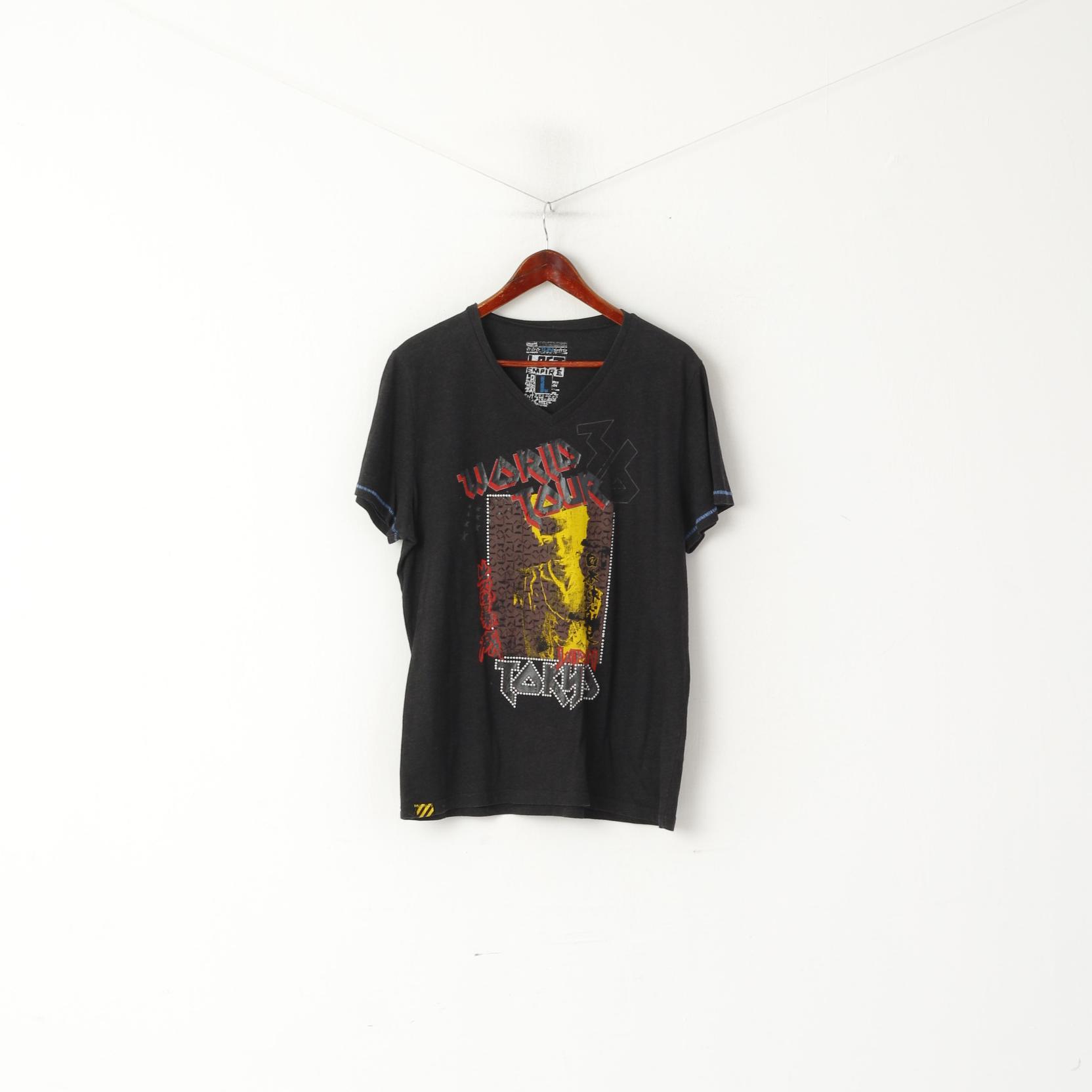 Lost Empire Hommes L Chemise Noir Coton Col V Graphique Tokyo Slim De Luxe Haut