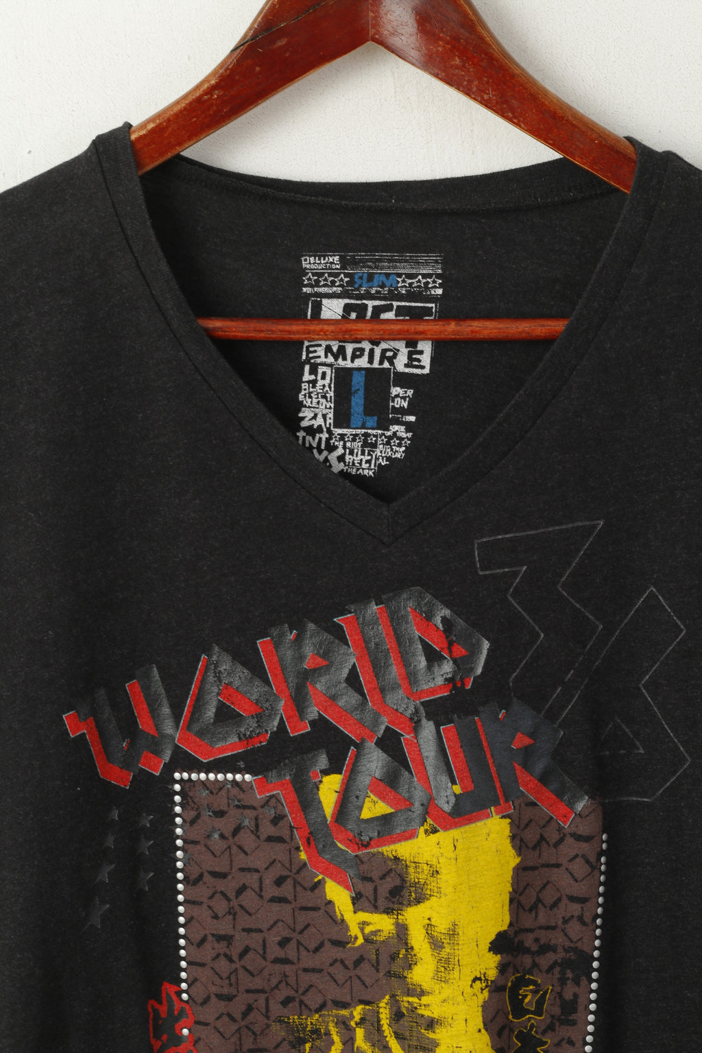 Lost Empire Hommes L Chemise Noir Coton Col V Graphique Tokyo Slim De Luxe Haut