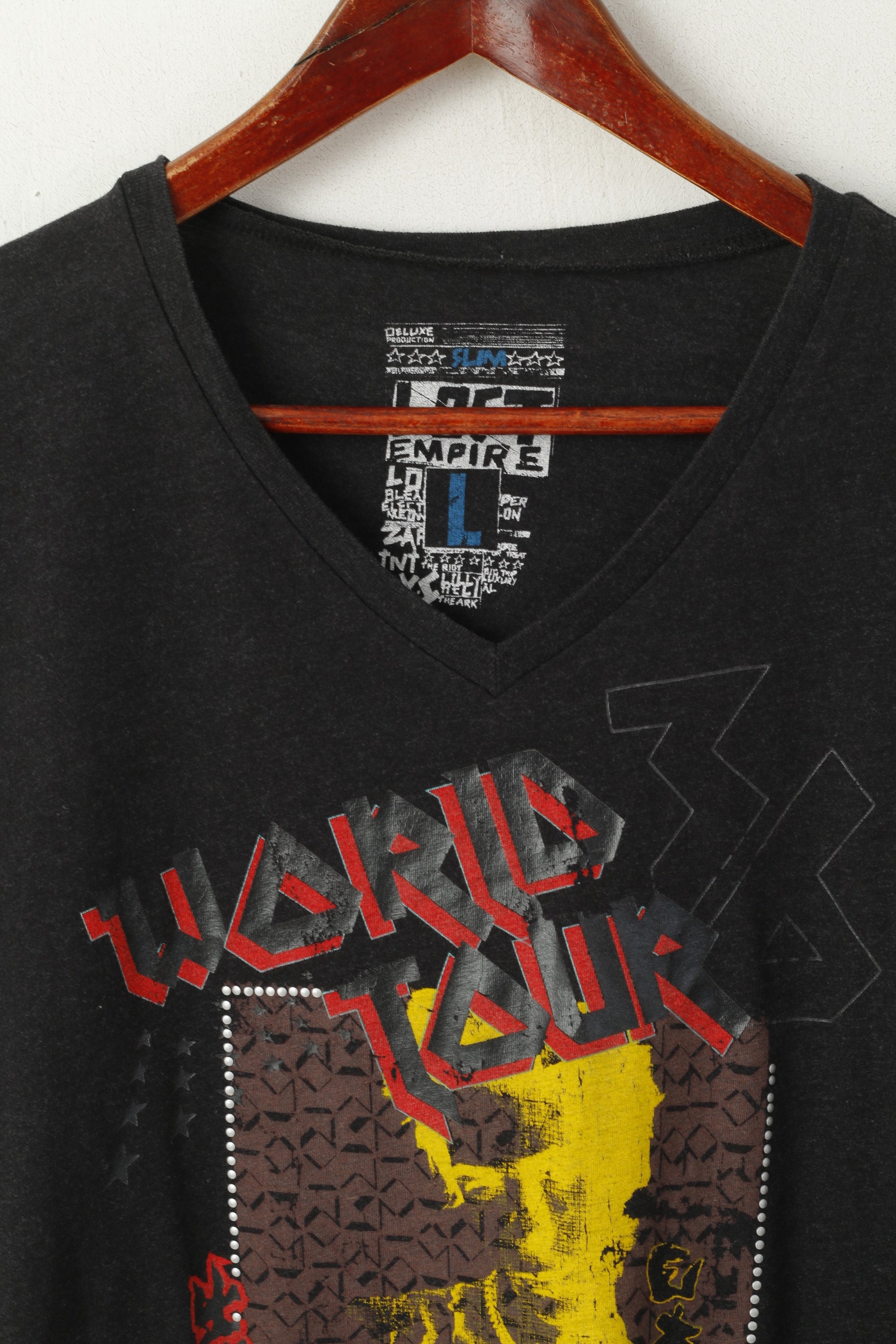 Lost Empire Hommes L Chemise Noir Coton Col V Graphique Tokyo Slim De Luxe Haut