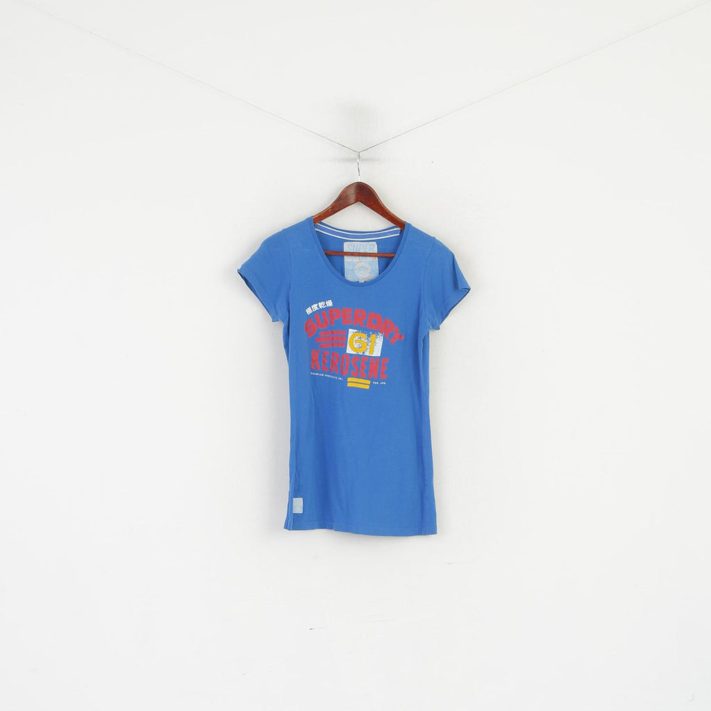 Superdry Women L Shirt Blue Cotton Graphic Slim Fit Crew Neck Stretch Top