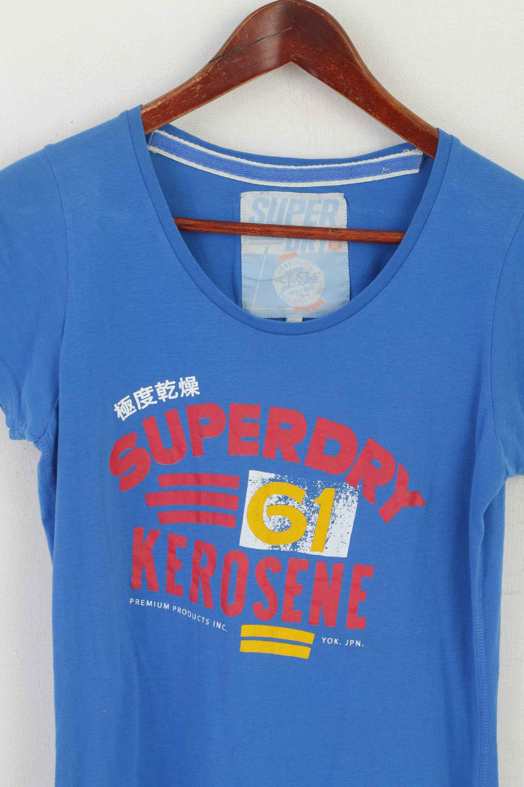 Superdry Women L Shirt Blue Cotton Graphic Slim Fit Crew Neck Stretch Top