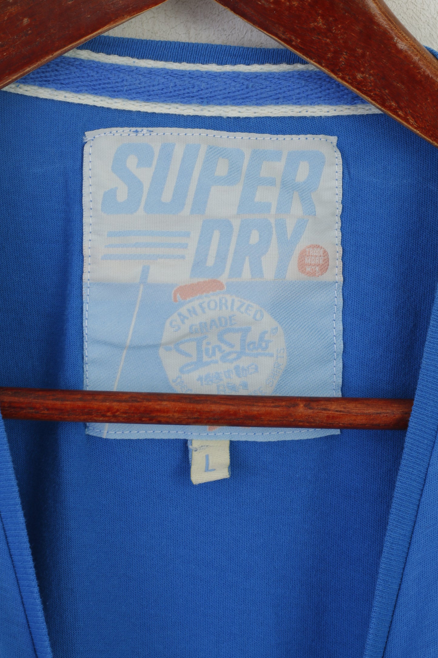 Superdry Women L Shirt Blue Cotton Graphic Slim Fit Crew Neck Stretch Top