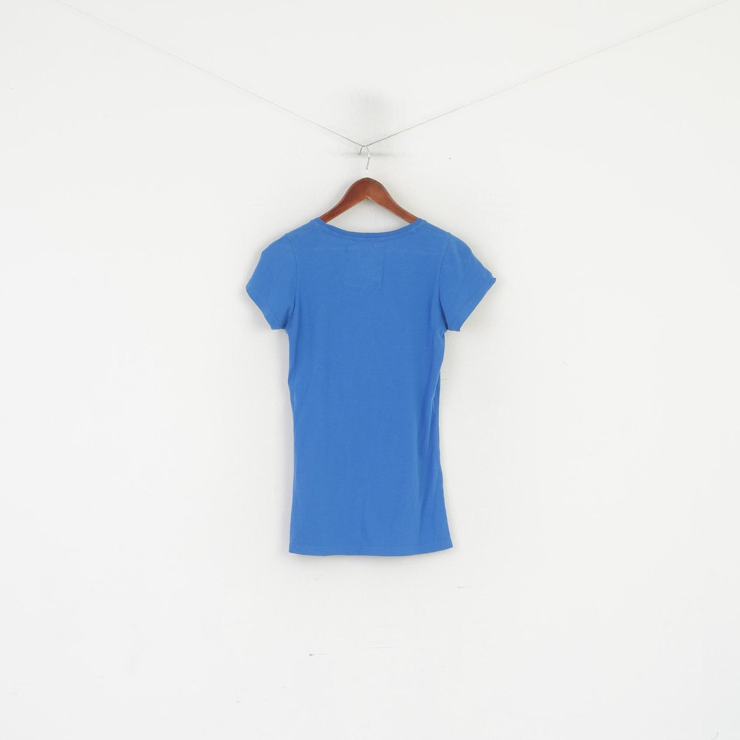 Superdry Women L Shirt Blue Cotton Graphic Slim Fit Crew Neck Stretch Top