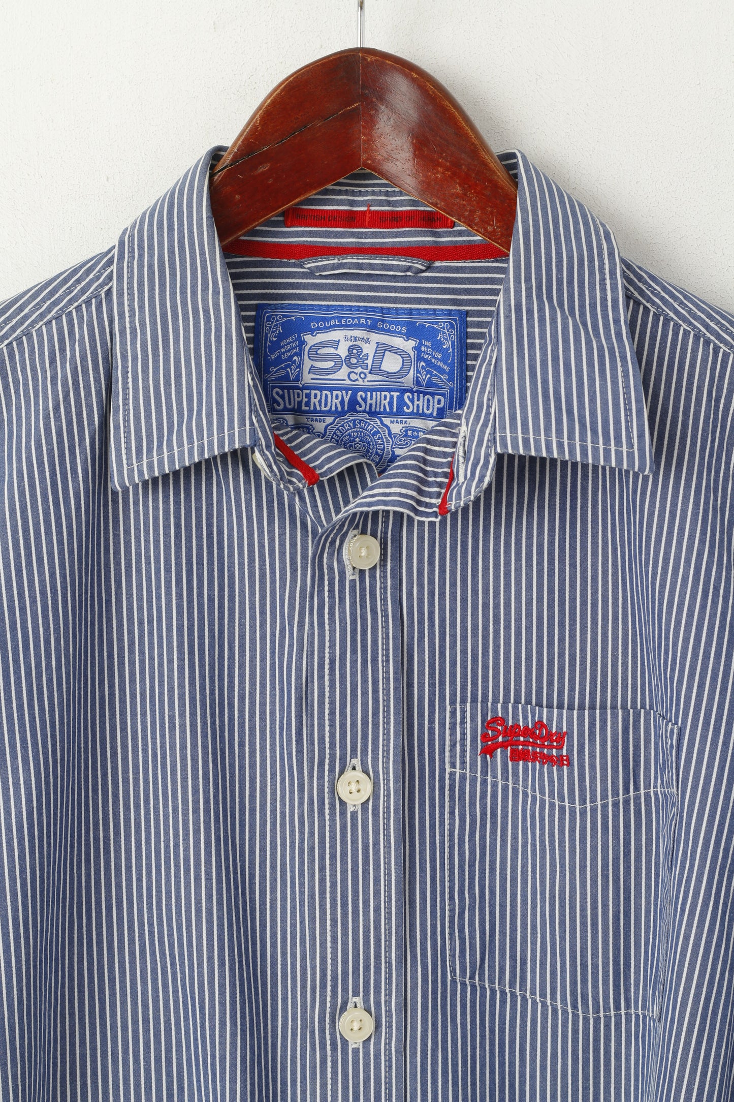 Superdry Men S Casual Shirt Blue Striped Cotton Japan Slim Fit Long Sleeve Top