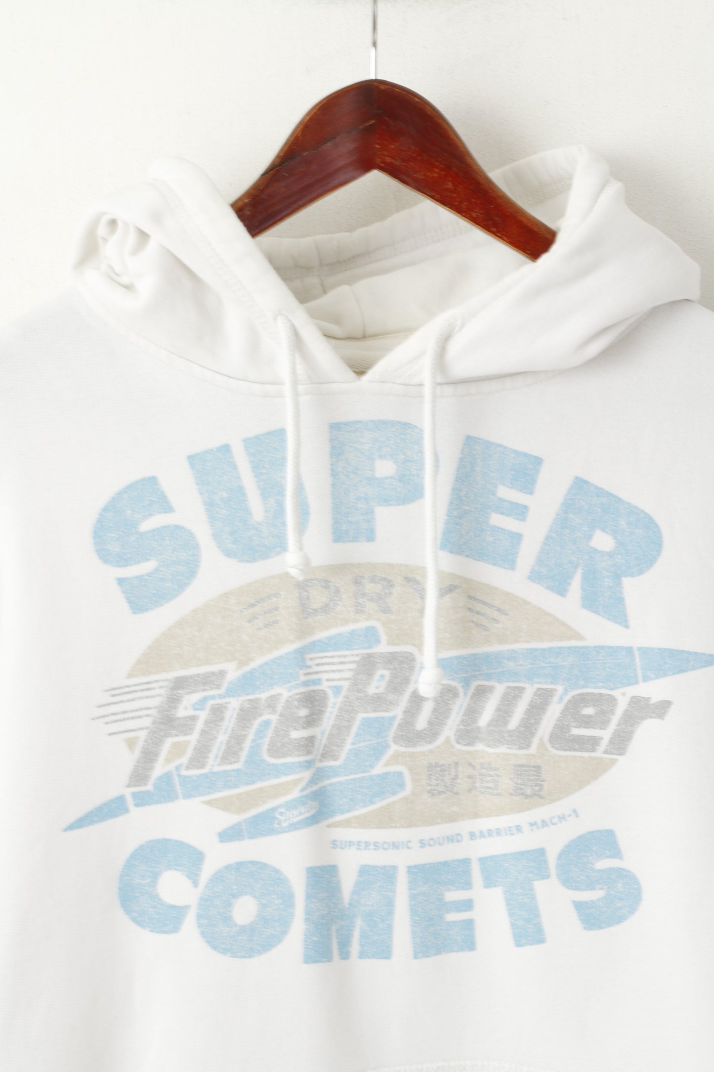 Superdry Men XL Sweatshirt Cream Cotton Hooded Big Logo Power Hoodie Top