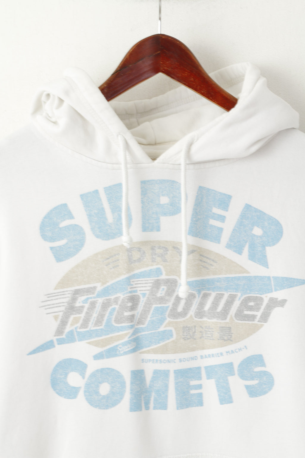 Superdry Men XL Sweatshirt Cream Cotton Hooded Big Logo Power Hoodie Top