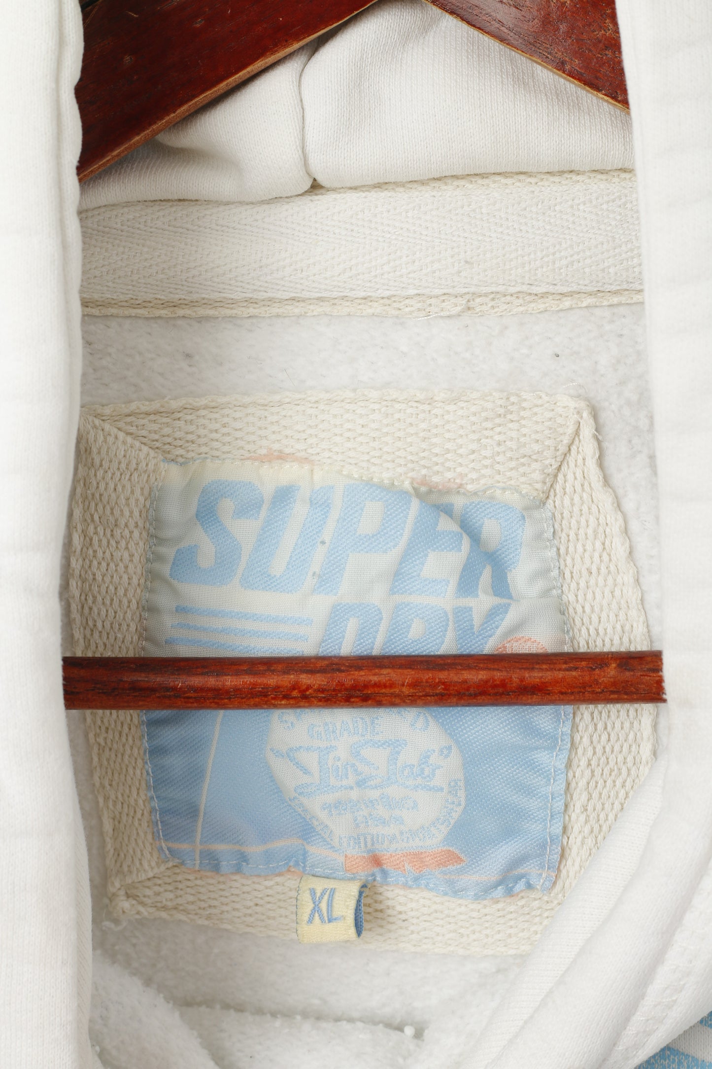 Superdry Men XL Sweatshirt Cream Cotton Hooded Big Logo Power Hoodie Top