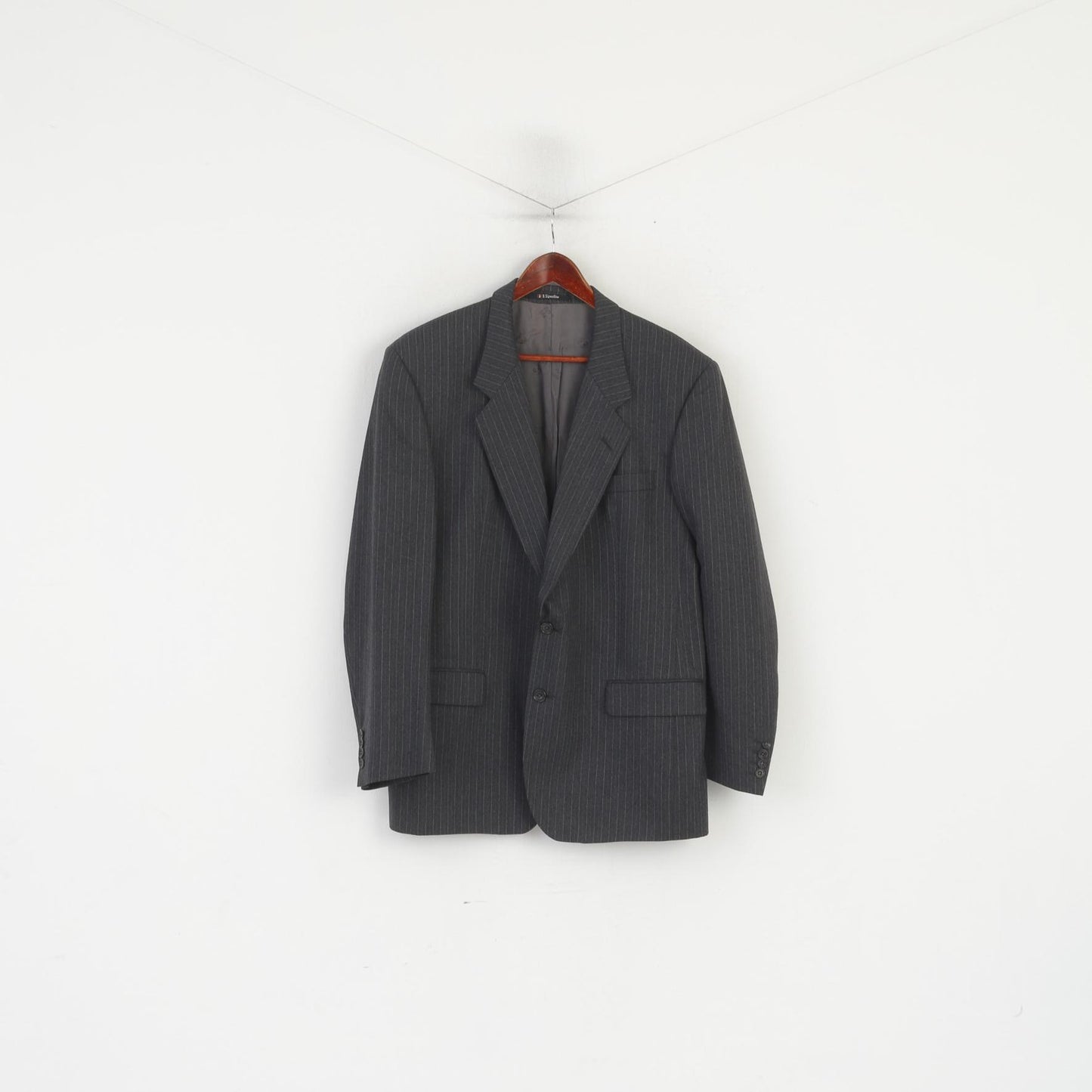 DAKS Signature Men 44 L Blazer Giacca vintage monopetto in lana a righe grigie