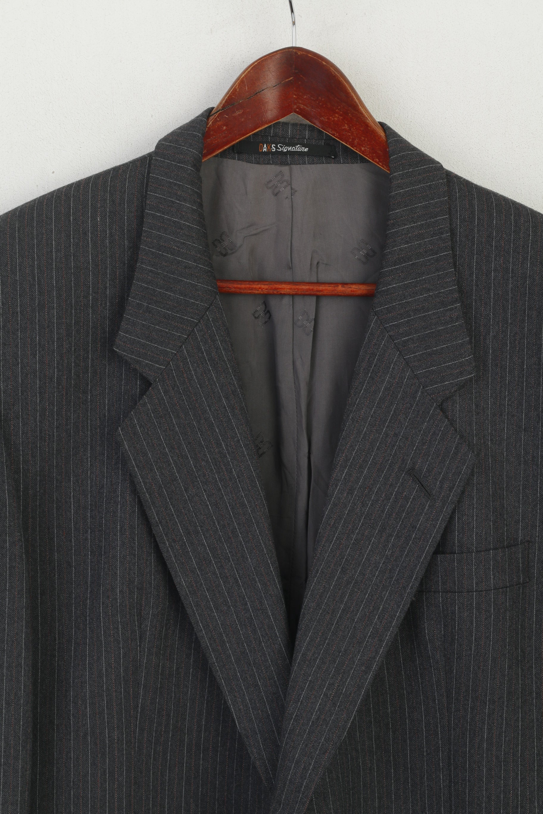 DAKS Signature Men 44 L Blazer Giacca vintage monopetto in lana a righe grigie