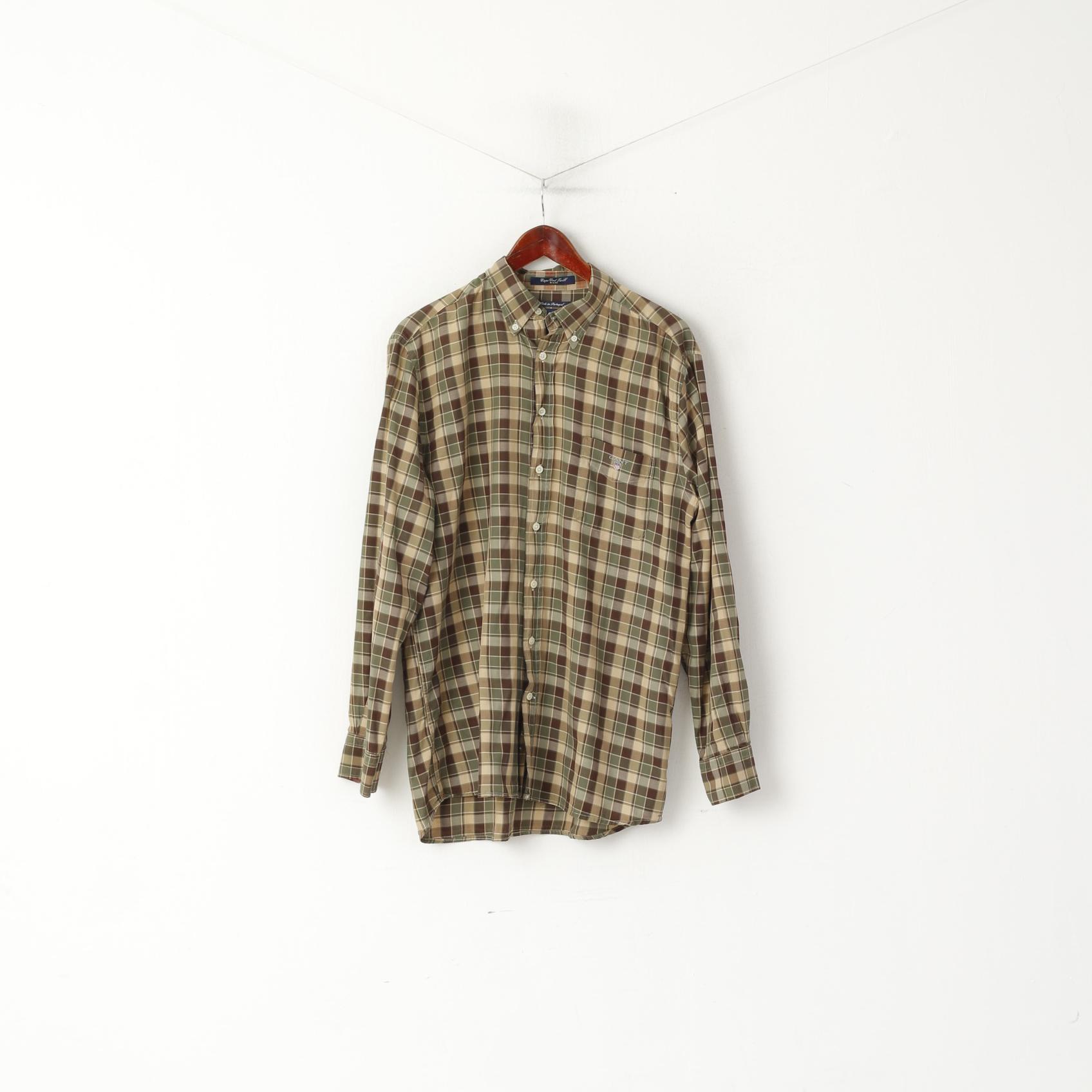 GANT Camicia casual da uomo L Top a maniche lunghe in cotone Cape Cod twill EZ FIT a quadri verdi