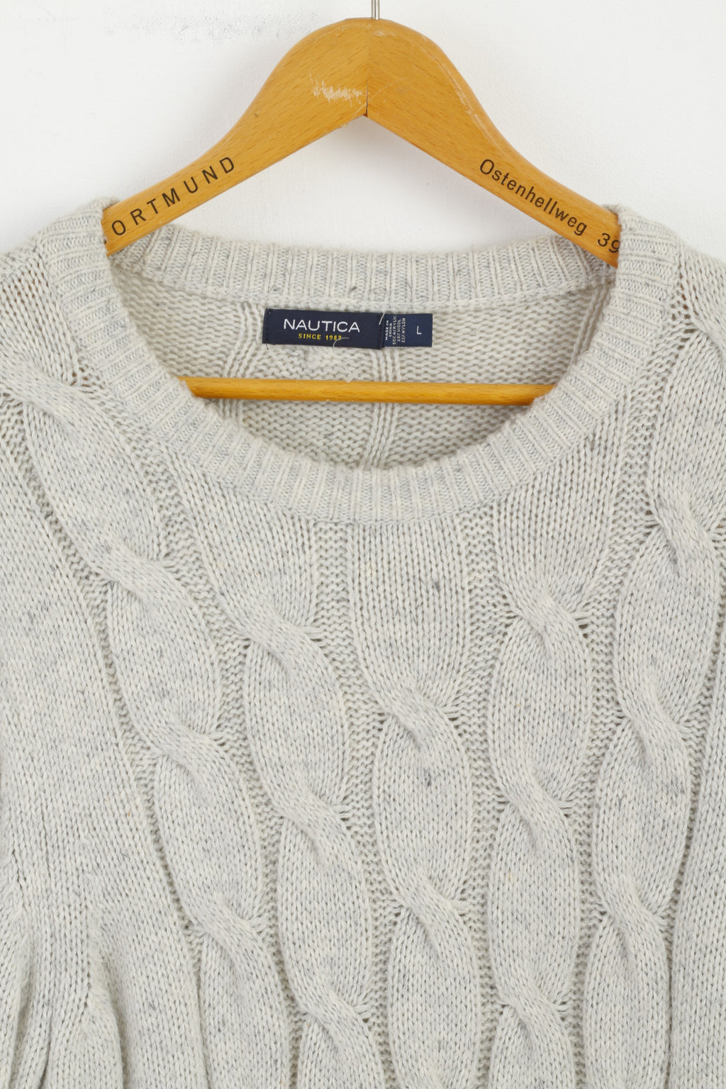 Nautica Men L Jumper Beige Gray Wool Blend Stretch Crew Neck Cable Knit Sweater