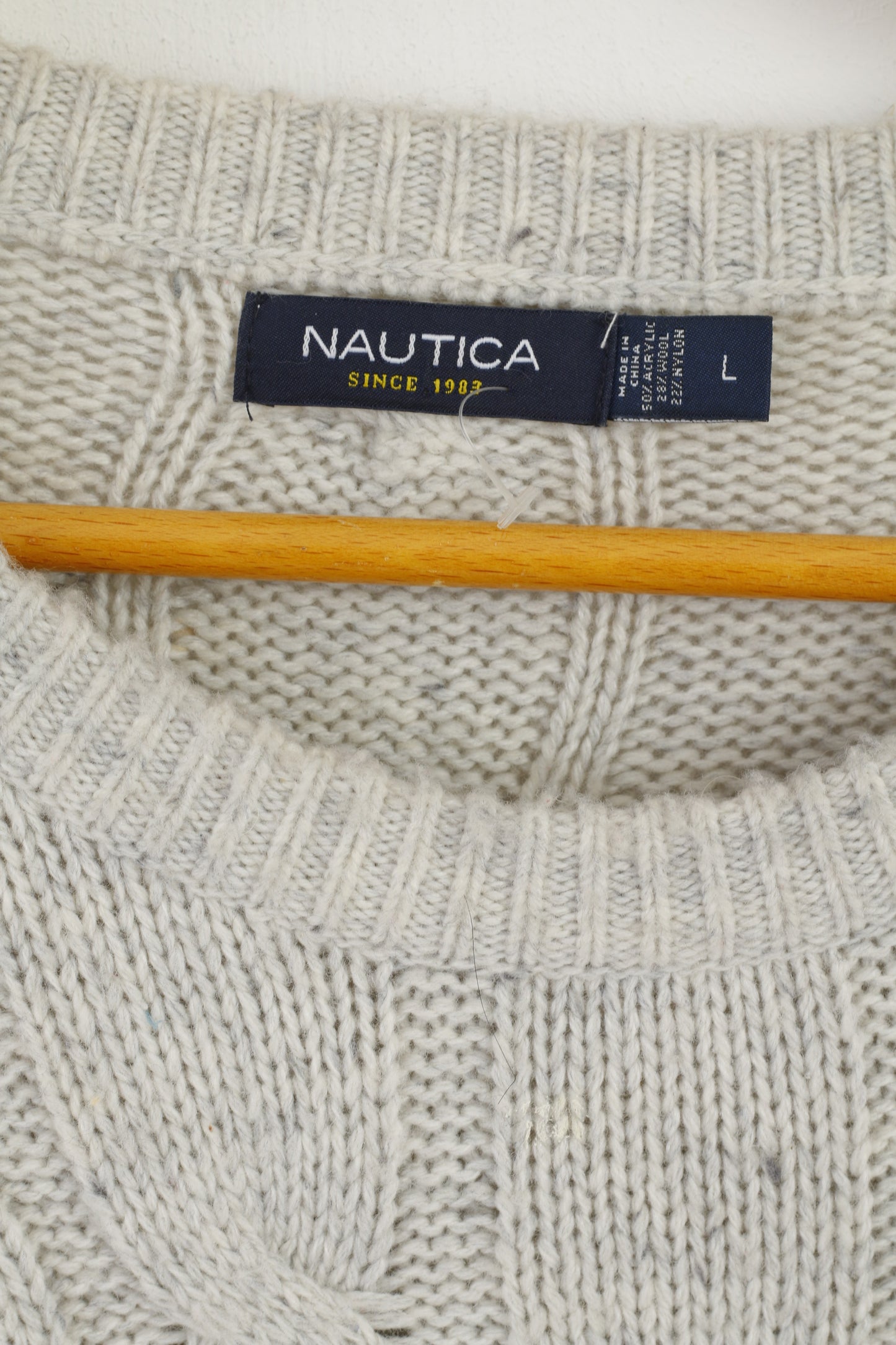 Nautica Men L Jumper Beige Gray Wool Blend Stretch Crew Neck Cable Knit Sweater