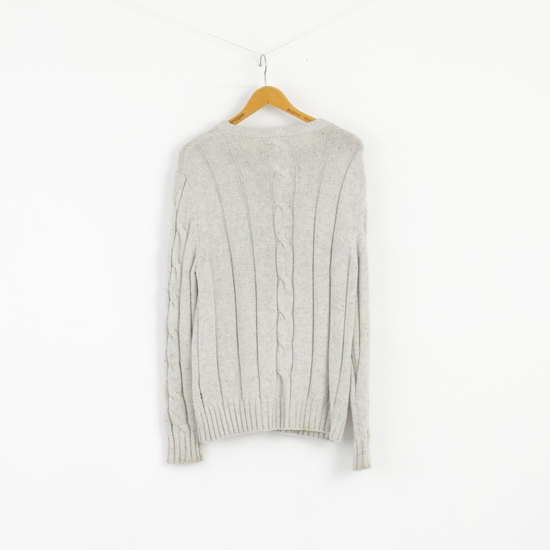 Nautica Men L Jumper Beige Gray Wool Blend Stretch Crew Neck Cable Knit Sweater