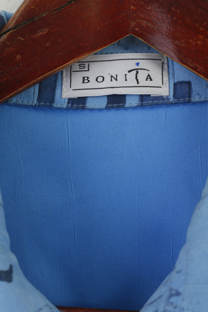 Bonita Women S Casual Shirt Blouse Blue Vintage Full Zip Shoulder Pads retro Top