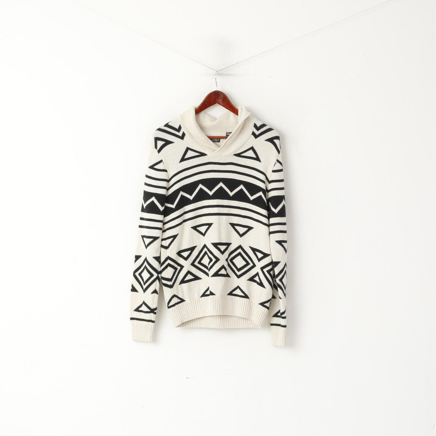 CHAPS Men S Jumper Cream Cotton Aztec Print Shawl Collar Classic Vintage Sweater
