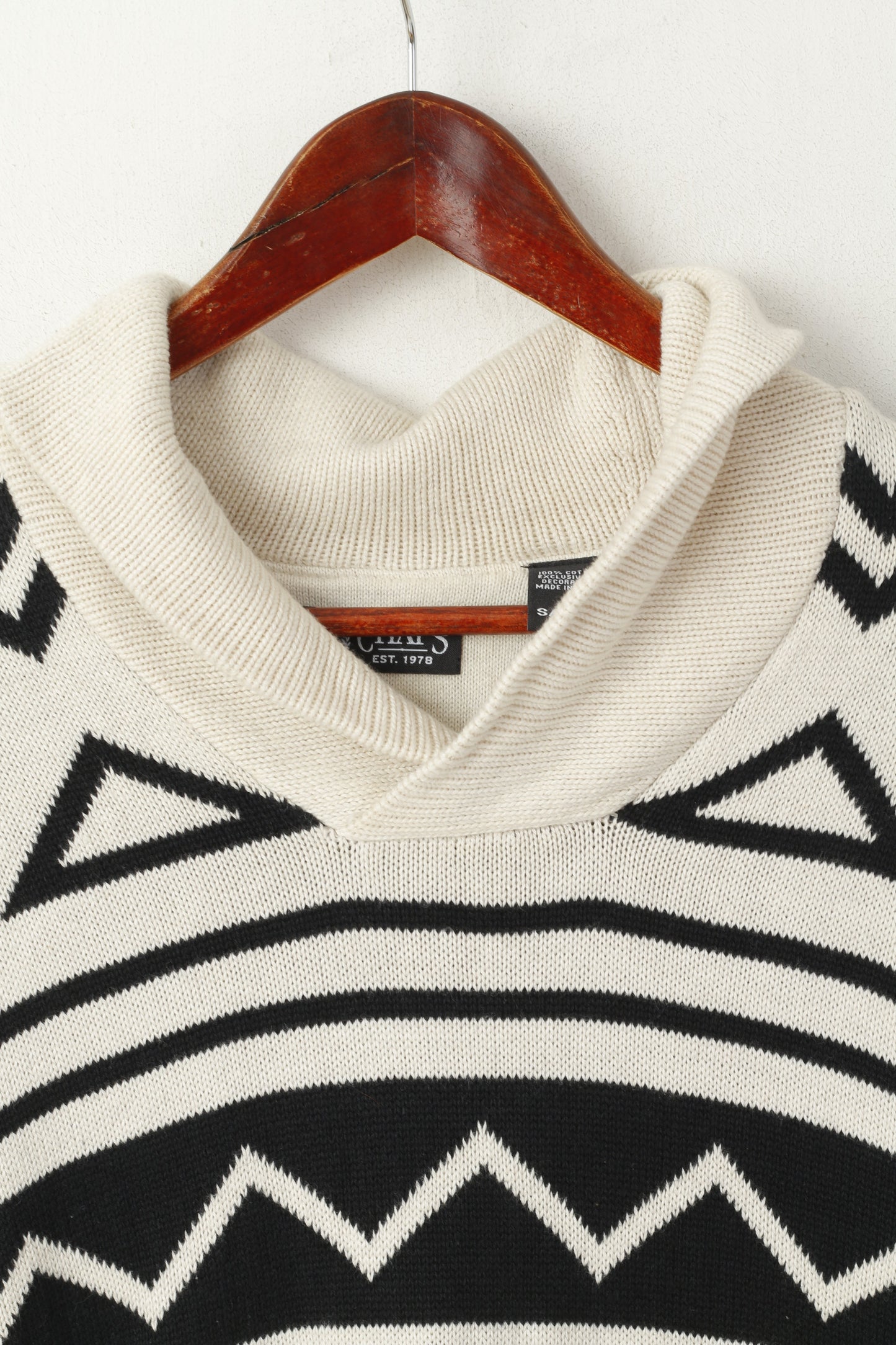 CHAPS Men S Jumper Cream Cotton Aztec Print Shawl Collar Classic Vintage Sweater