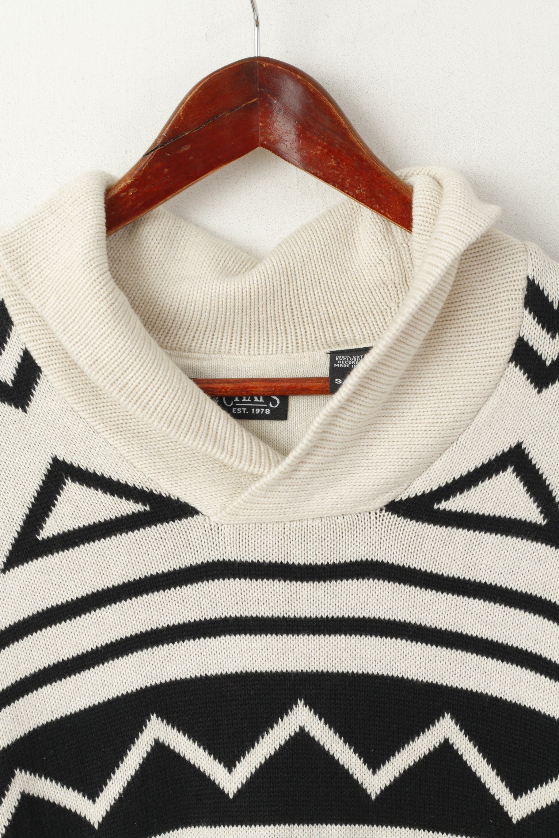 CHAPS Maglione da uomo in cotone color crema con stampa azteca, collo a scialle, classico maglione vintage