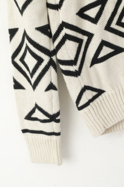 CHAPS Maglione da uomo in cotone color crema con stampa azteca, collo a scialle, classico maglione vintage