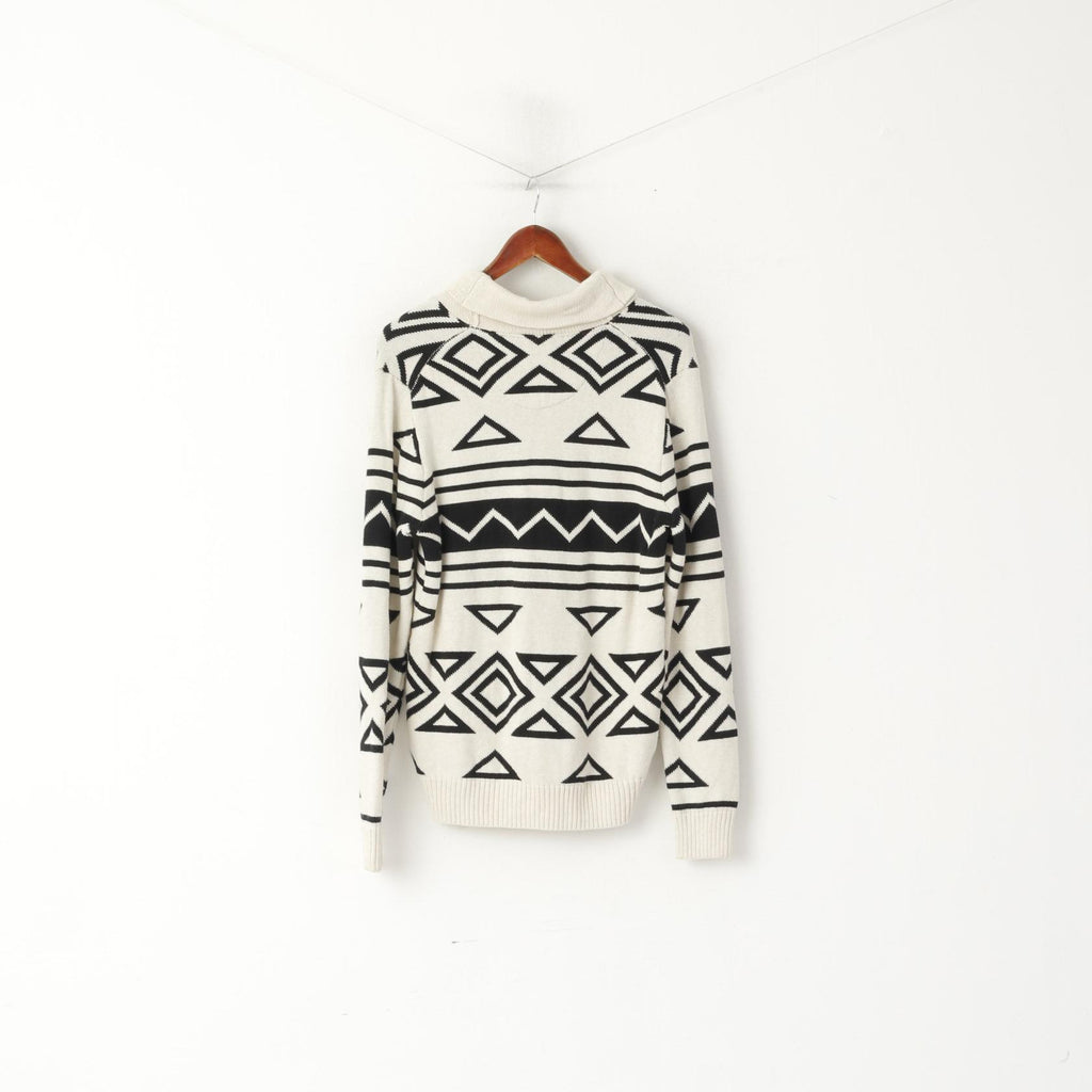 CHAPS Maglione da uomo in cotone color crema con stampa azteca, collo a scialle, classico maglione vintage
