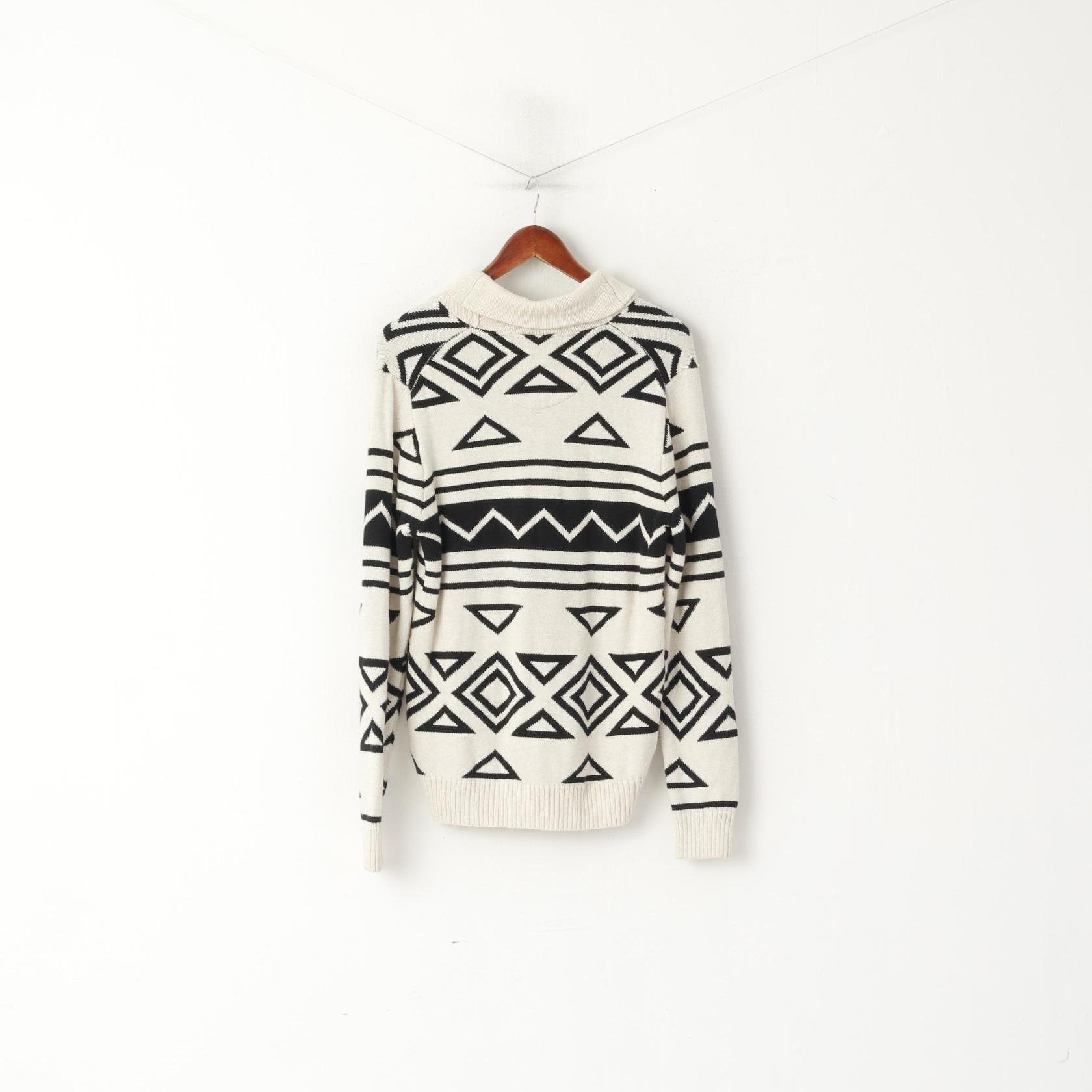 CHAPS Maglione da uomo in cotone color crema con stampa azteca, collo a scialle, classico maglione vintage