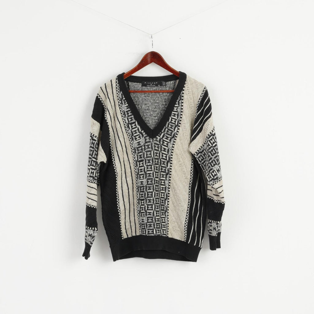 Protege Collection Uomo M Maglione Maglione con scollo a V retrò in maglia di cotone beige nero