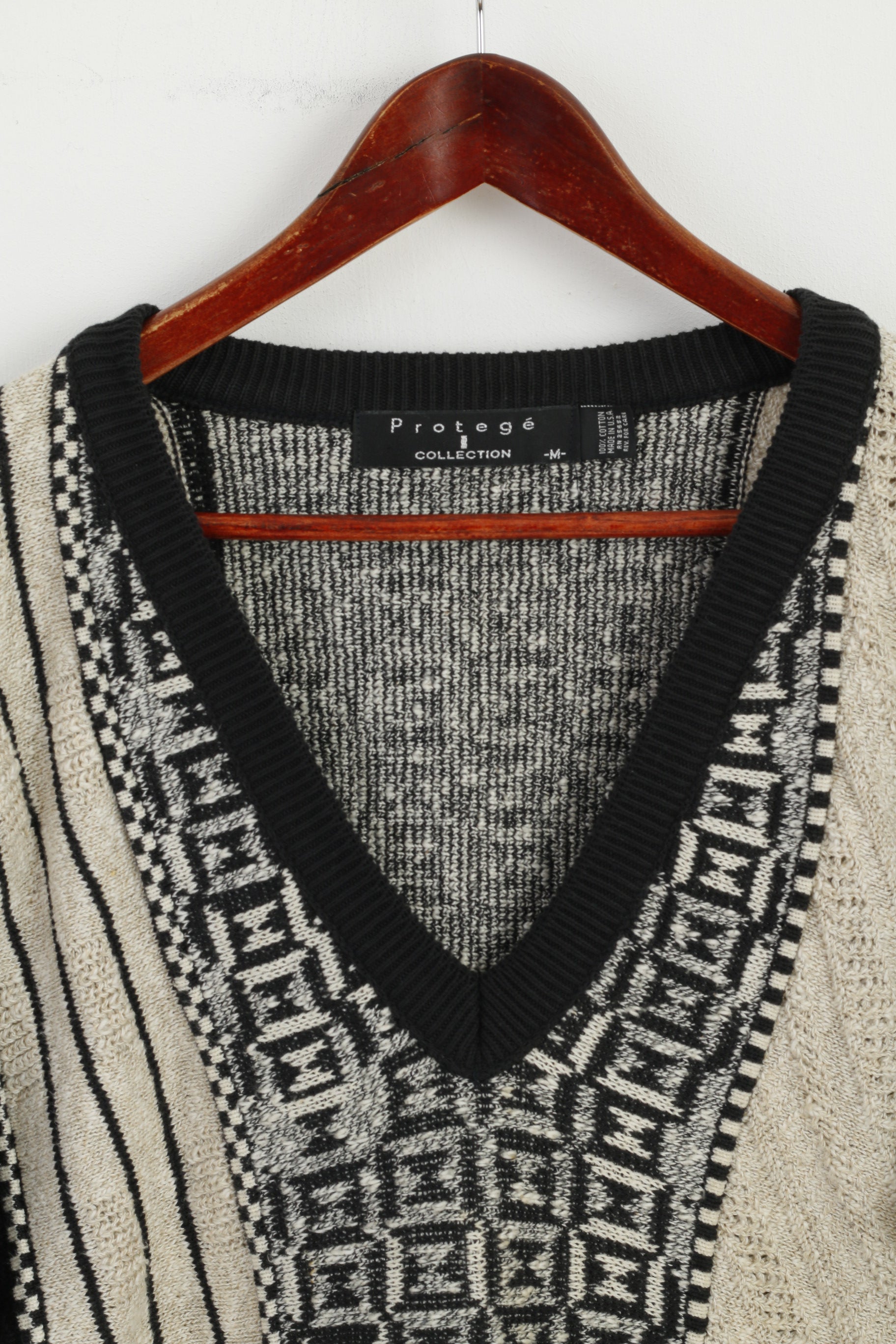 Protege Collection Uomo M Maglione Maglione con scollo a V retrò in maglia di cotone beige nero