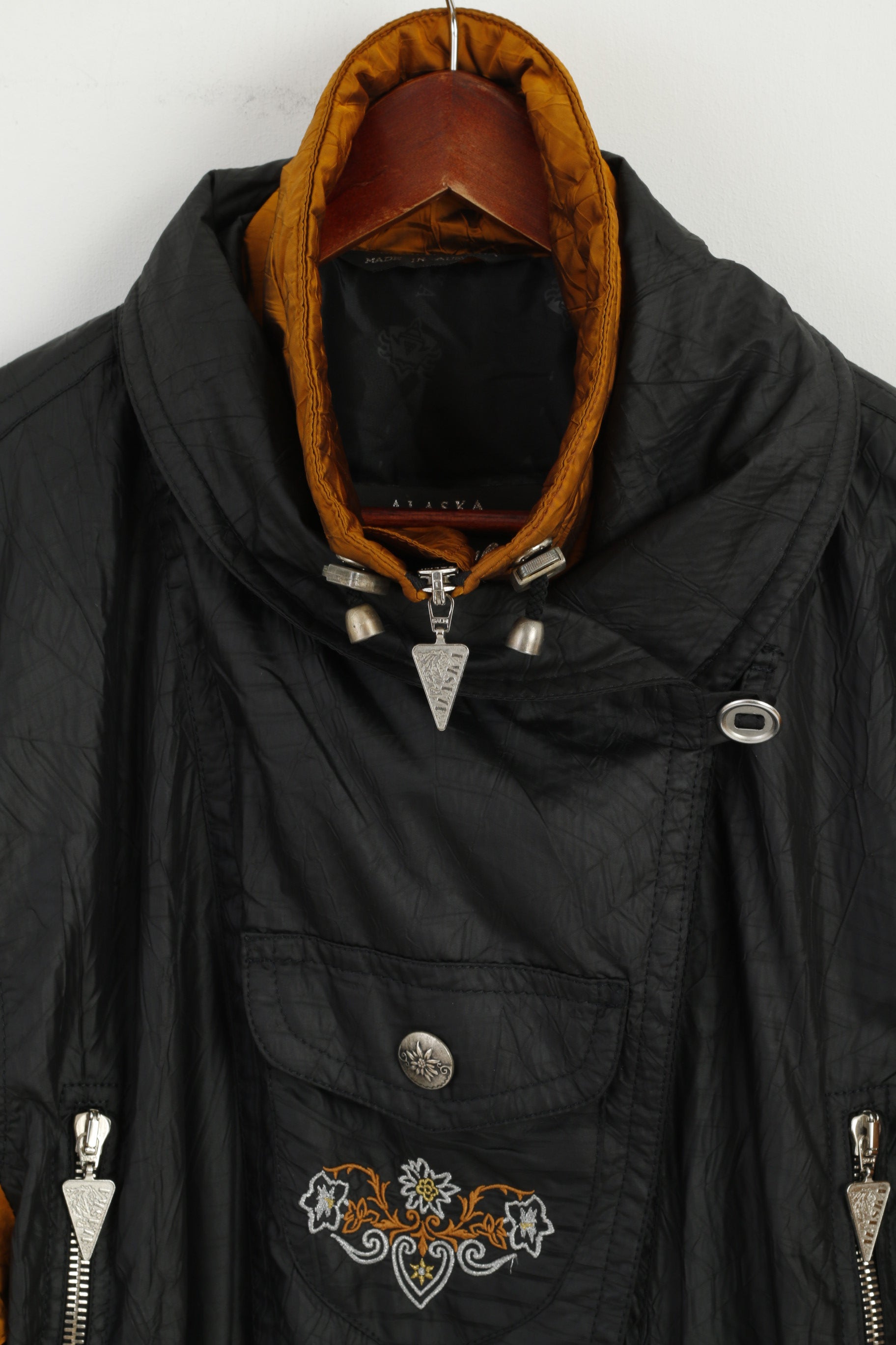 Alaska Snow Dancer Women 38 Ski Suit One Piece Black Gold Shiny Vintage Nylon Snowboarding Austria Skiwear