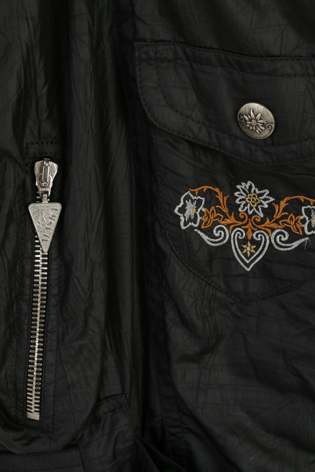 Alaska Snow Dancer Women 38 Ski Suit One Piece Black Gold Shiny Vintage Nylon Snowboarding Austria Skiwear