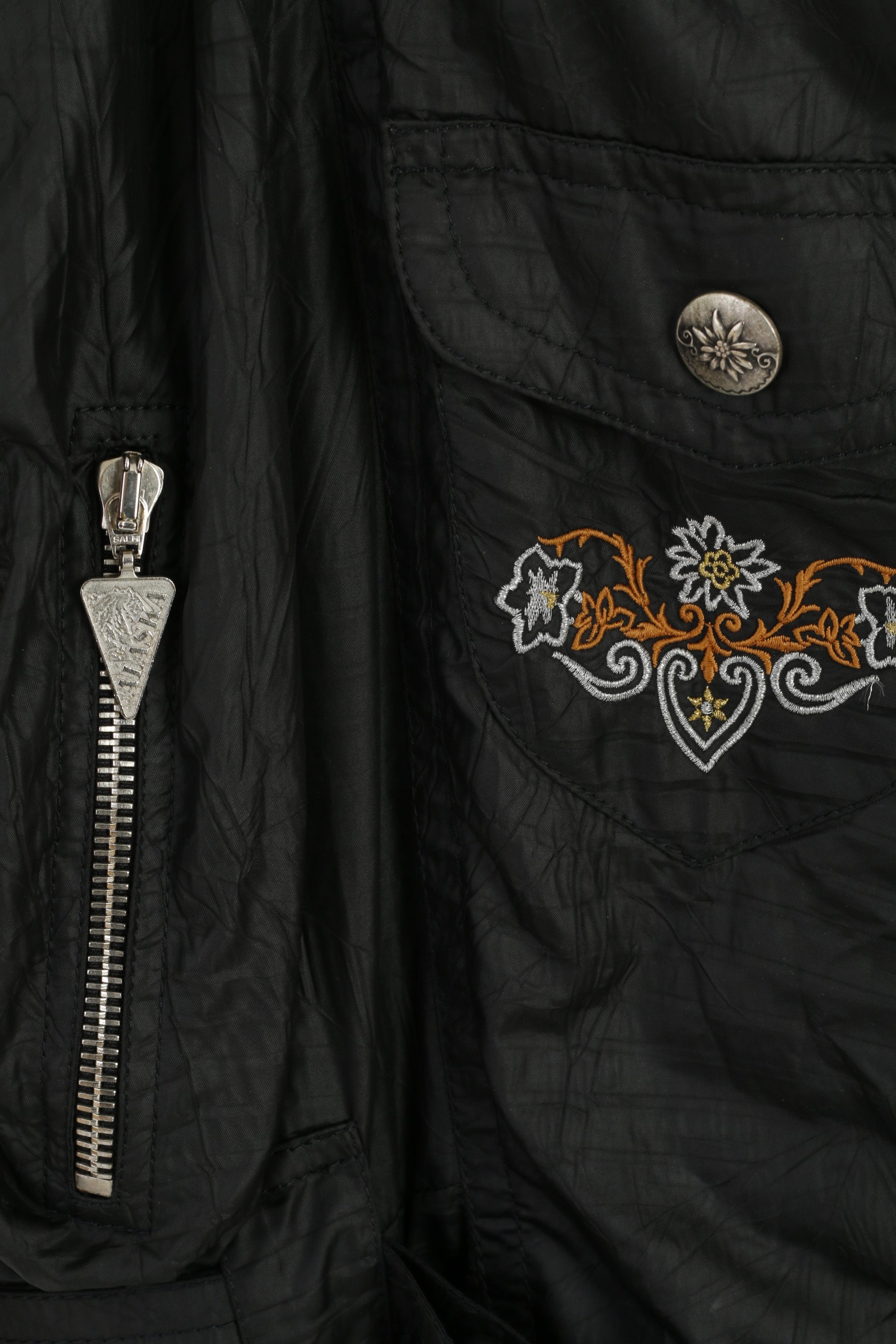 Alaska Snow Dancer Women 38 Ski Suit One Piece Black Gold Shiny Vintage Nylon Snowboarding Austria Skiwear