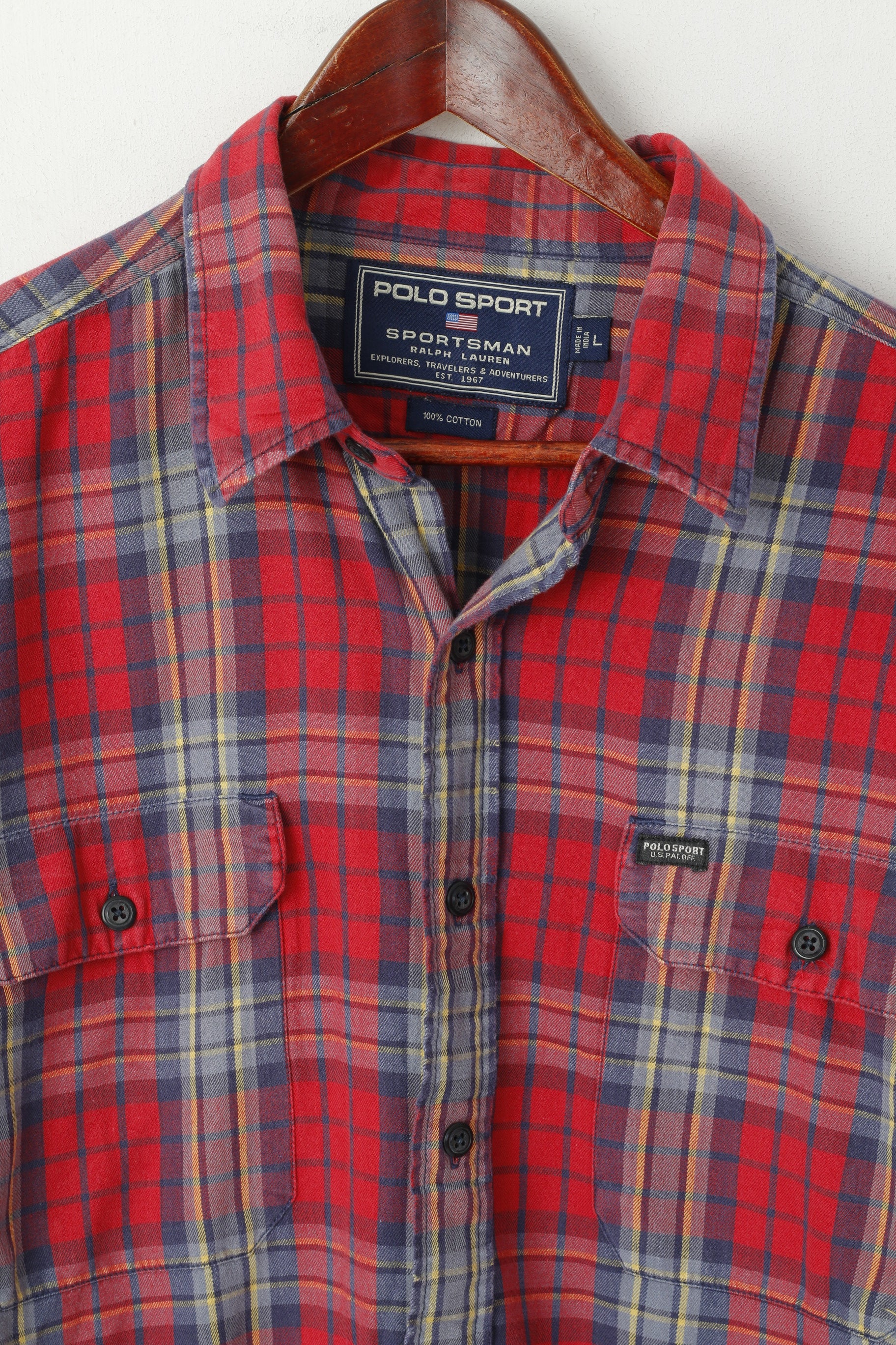 Polo Sport Ralph Lauren Men L (XL) Casual Shirt Red Checkered Cotton Long Sleeve Top