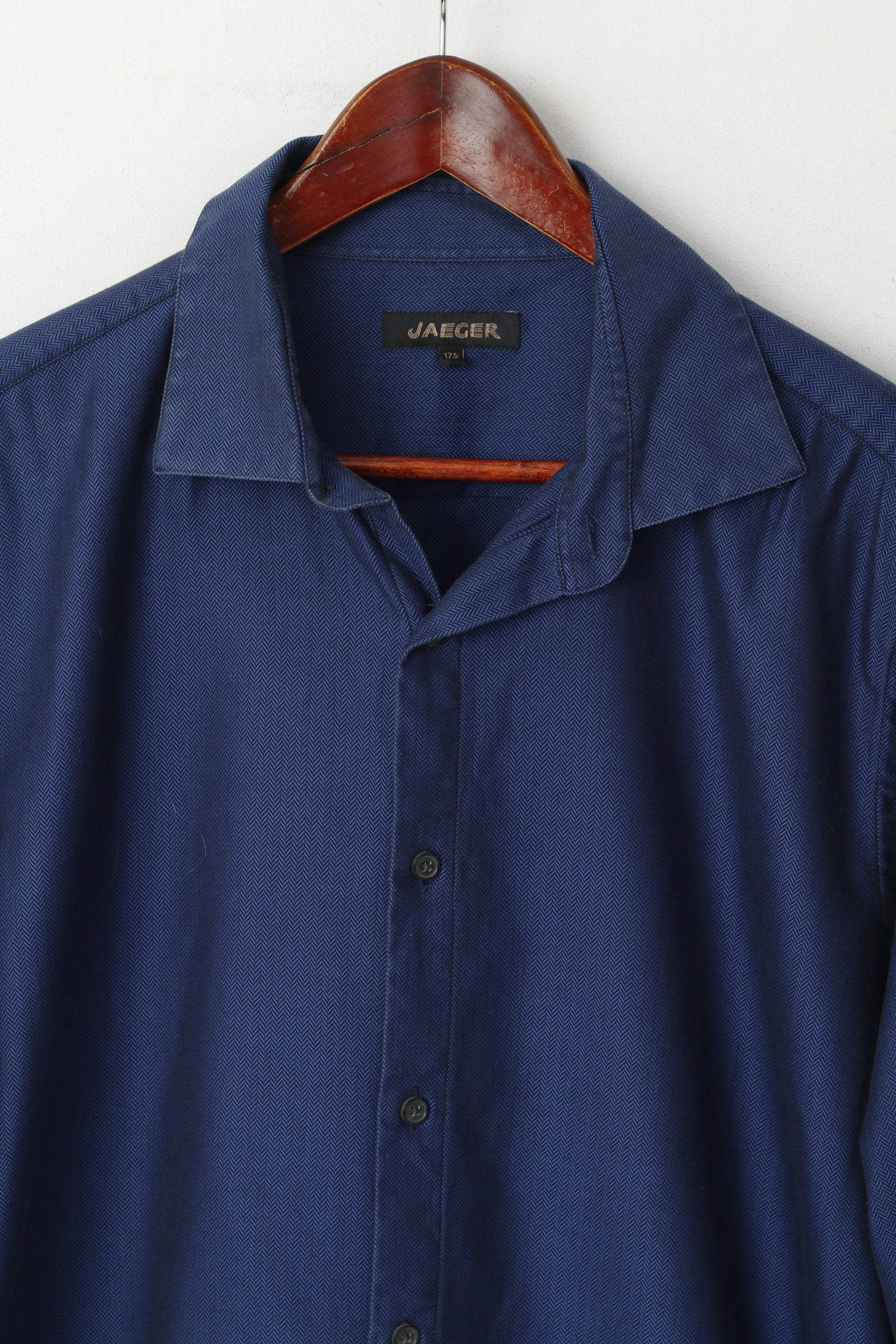 Jaeger Men 17,5 L Chemise décontractée Bleu marine à chevrons en coton à manches longues