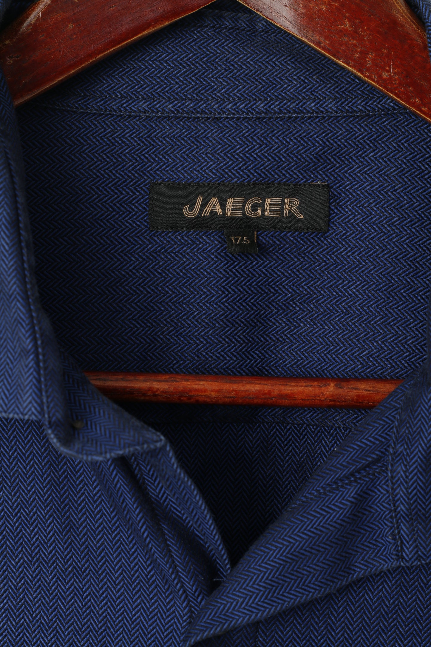 Jaeger Uomo 17,5 L Camicia casual Top a maniche lunghe in cotone a spina di pesce blu scuro