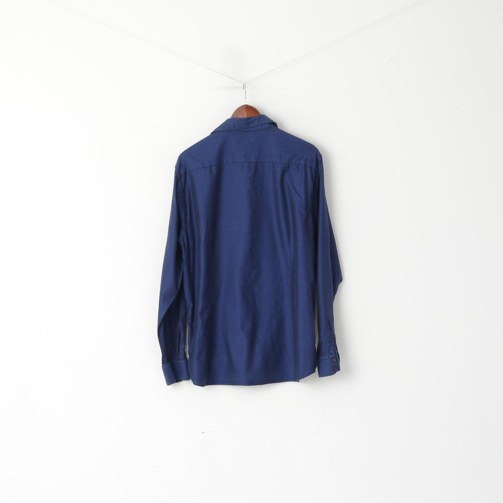 Jaeger Men 17,5 L Chemise décontractée Bleu marine à chevrons en coton à manches longues