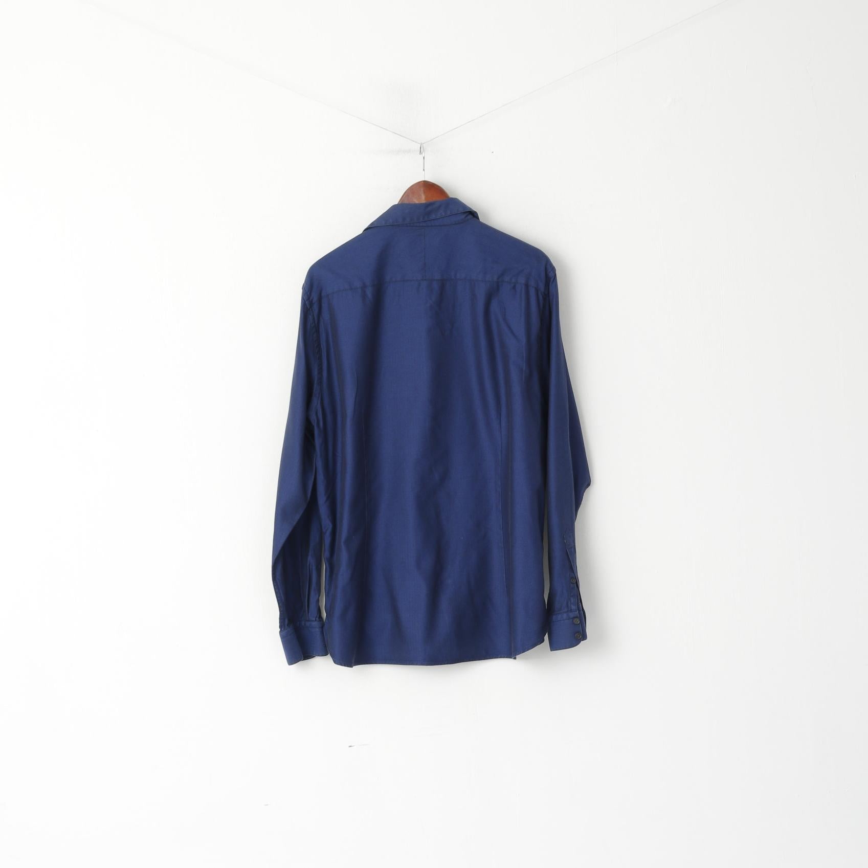 Jaeger Men 17,5 L Chemise décontractée Bleu marine à chevrons en coton à manches longues