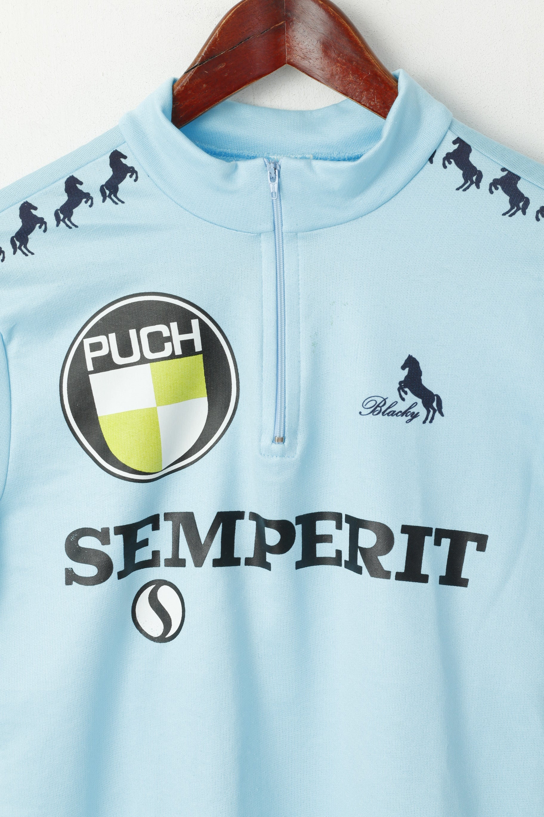 Blacky Men XL Chemise de Cyclisme Bleu Vintage Manches Courtes Fabriqué en Italie Haut en Jersey