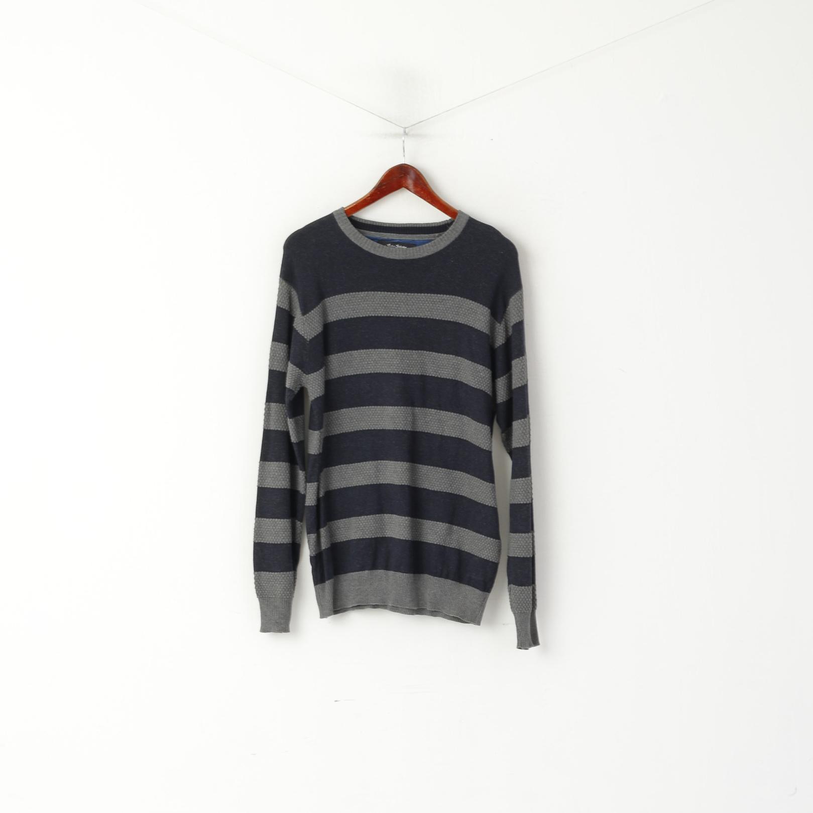 Jacks Selection Men L Jumper Navy Grey Striped Slim Fit Crew Neck Cotton Swetaer