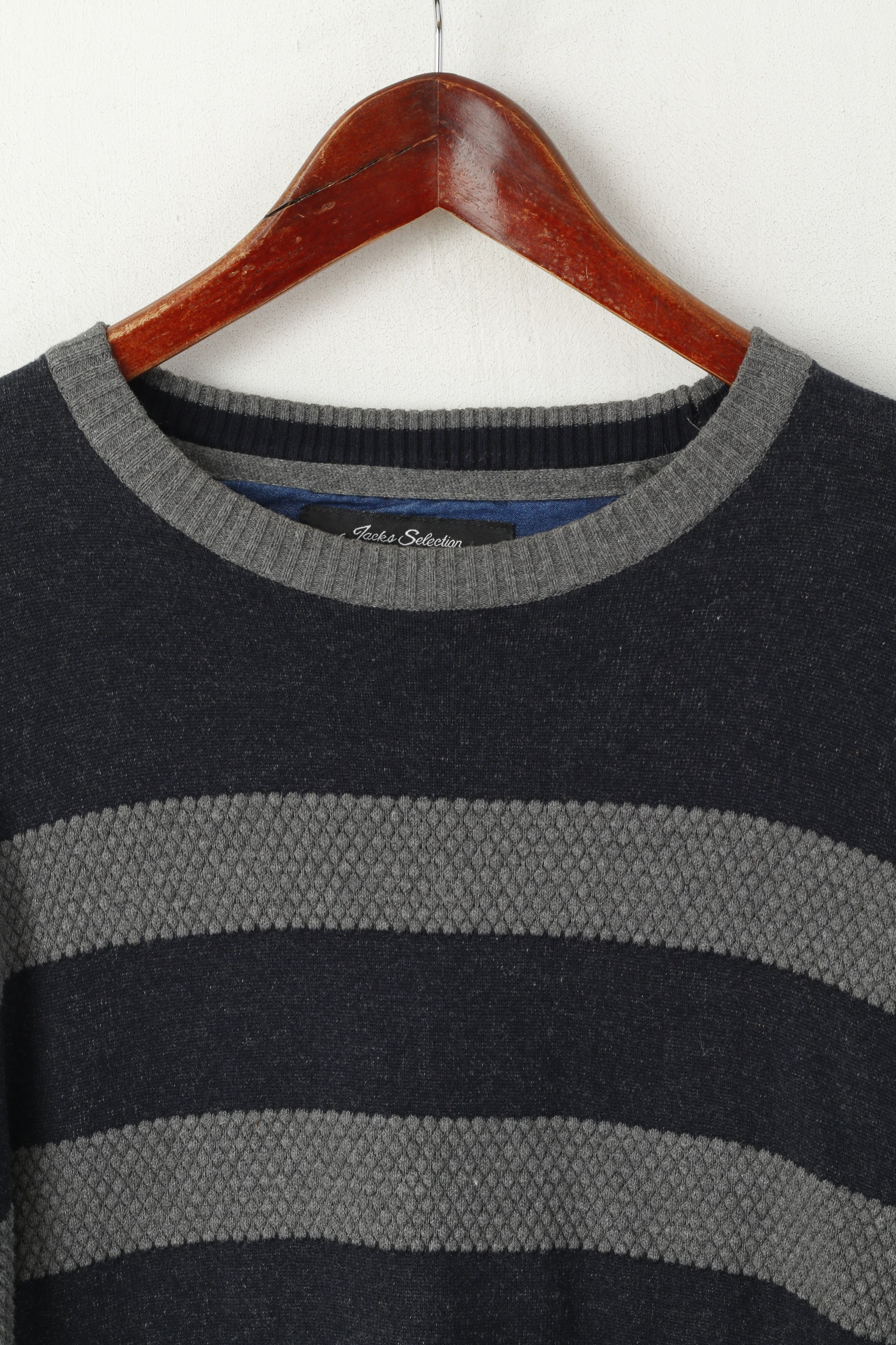 Jacks Selection Men L Jumper Navy Grey Striped Slim Fit Crew Neck Cotton Swetaer