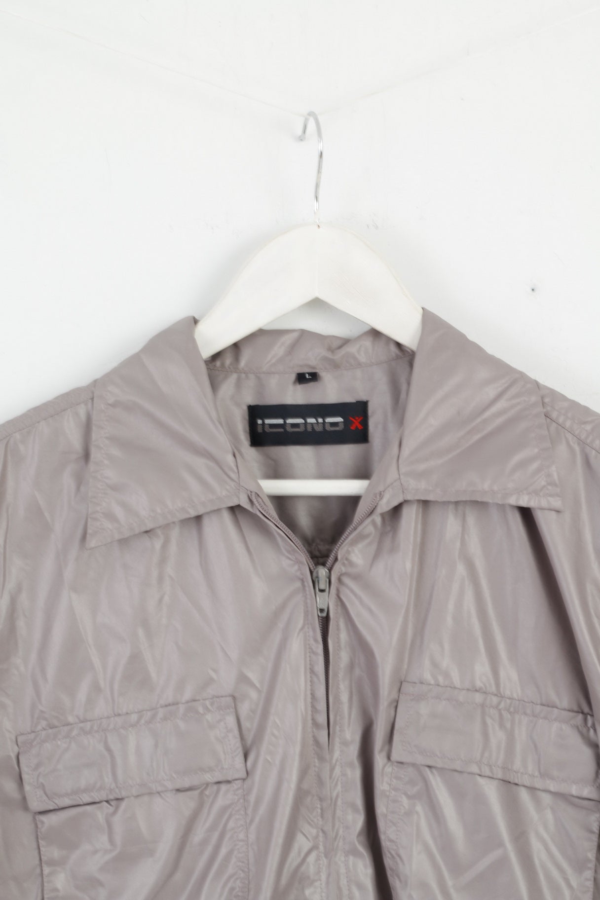 ICONO Mens L Casual Shirt Frost Grey Shiny Full Zipper Disco Top