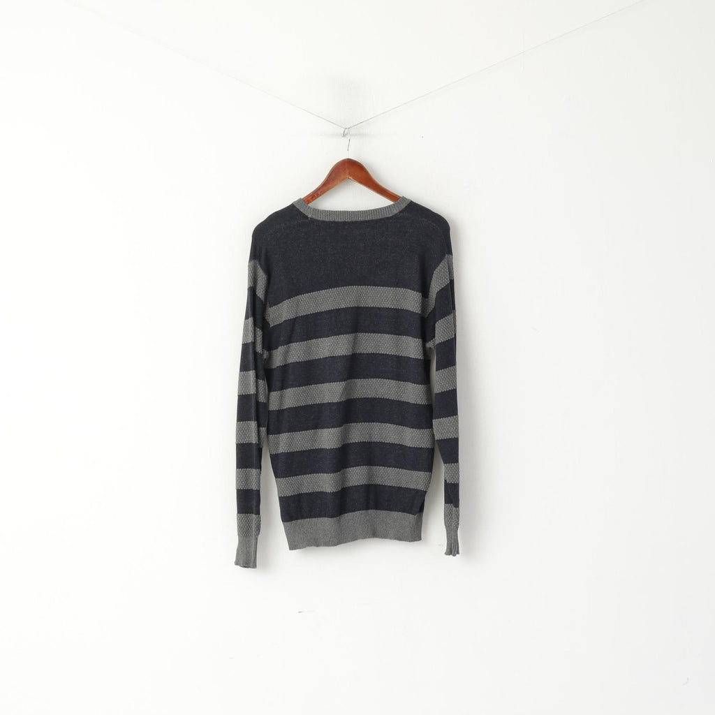 Jacks Selection Men L Jumper Navy Grey Striped Slim Fit Crew Neck Cotton Swetaer