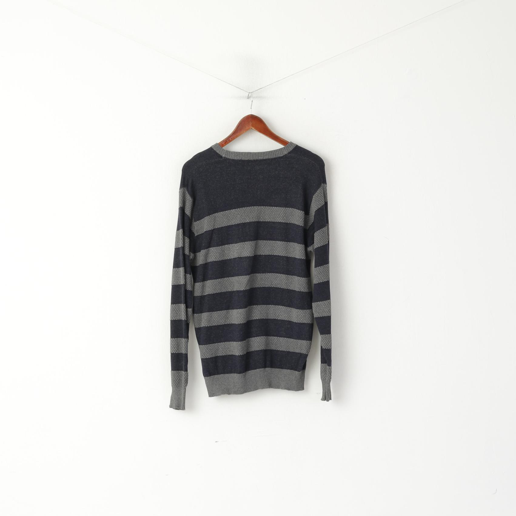 Jacks Selection Men L Jumper Navy Grey Striped Slim Fit Crew Neck Cotton Swetaer