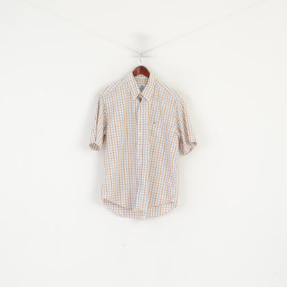 Lacoste Men 44 L Casual Shirt Blue Orange Check Cotton Long Sleeve Top