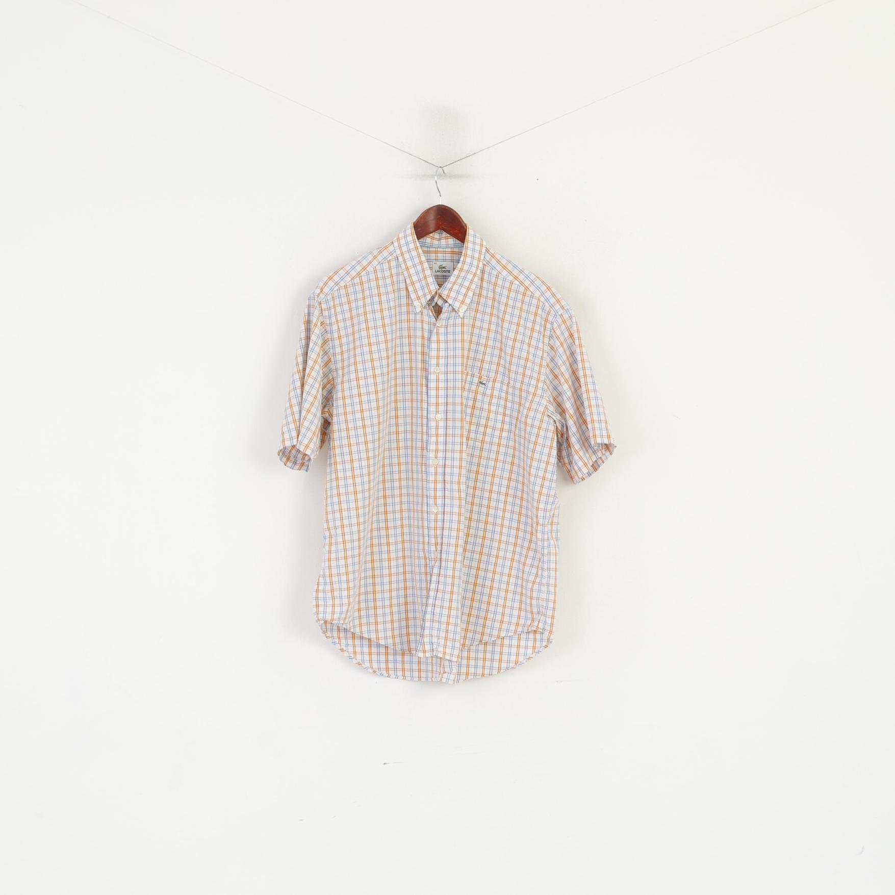 Lacoste Men 44 L Casual Shirt Blue Orange Check Cotton Long Sleeve Top