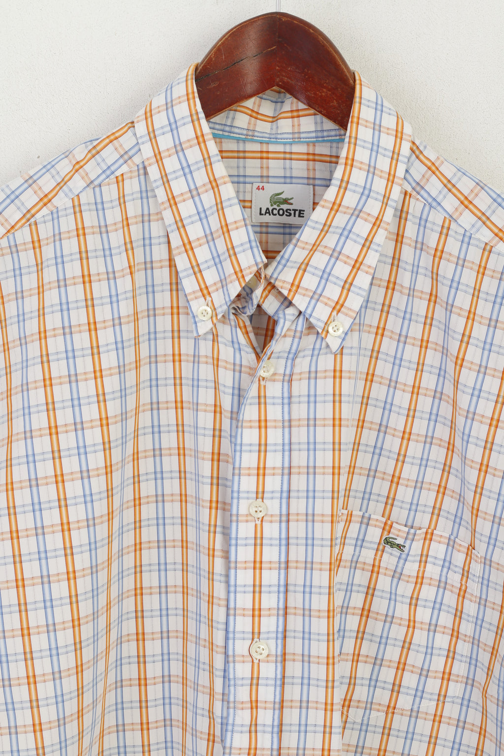 Lacoste Men 44 L Casual Shirt Blue Orange Check Cotton Long Sleeve Top