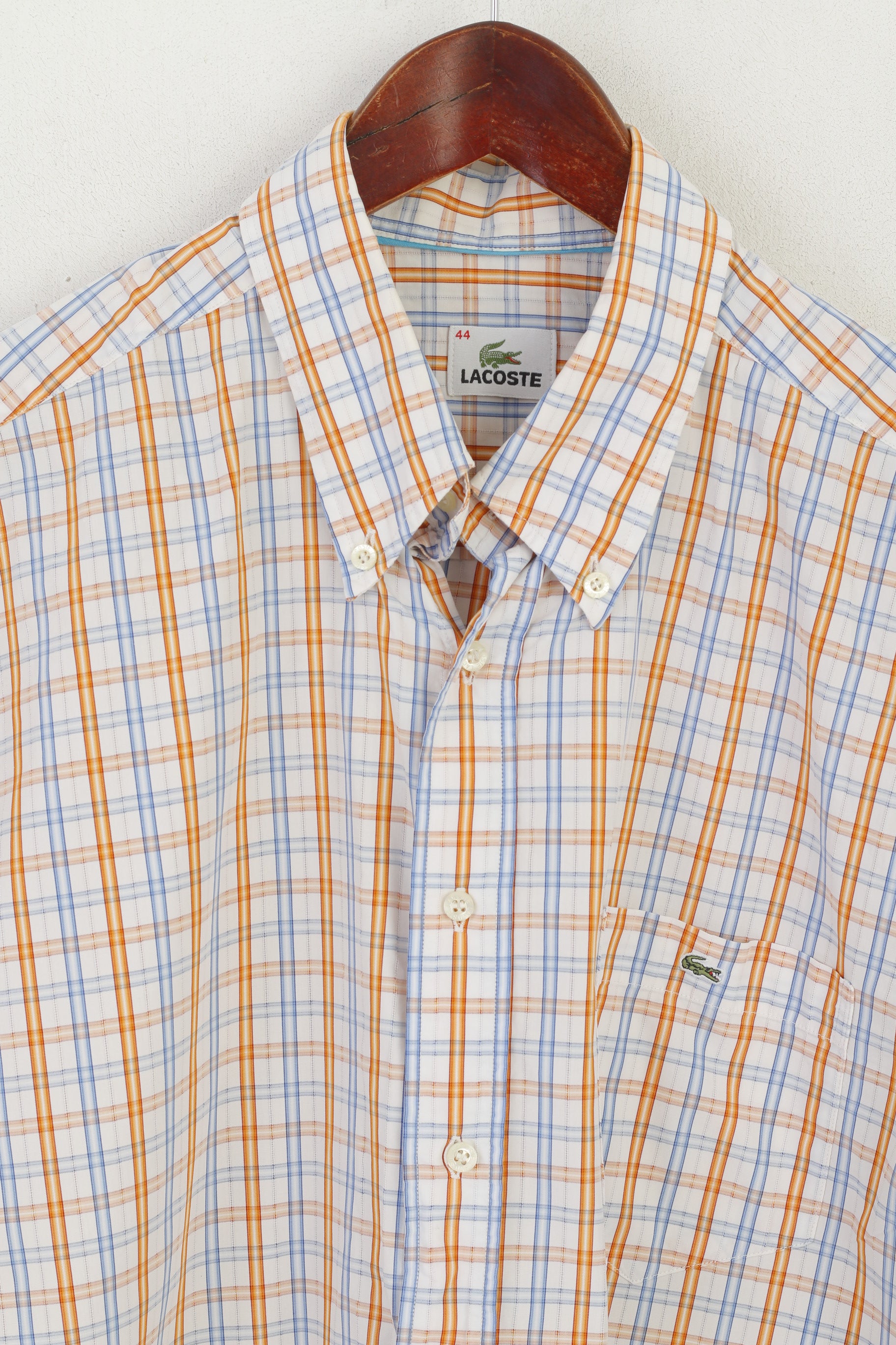 Lacoste Men 44 L Casual Shirt Blue Orange Check Cotton Long Sleeve Top