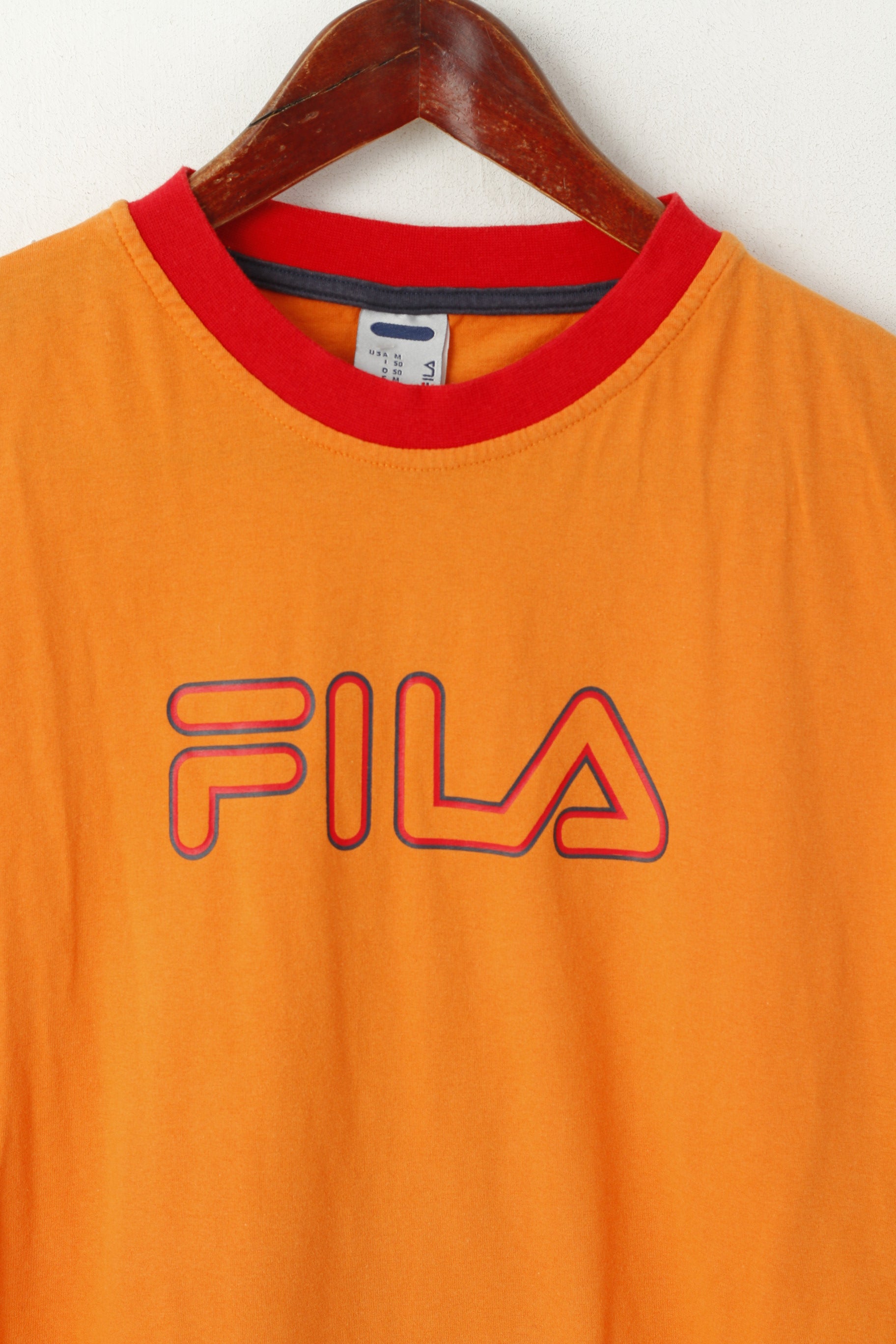 Fila Homme 50 M Chemise Orange Coton Vintage Logo Ras Du Cou Haut Sans Manches