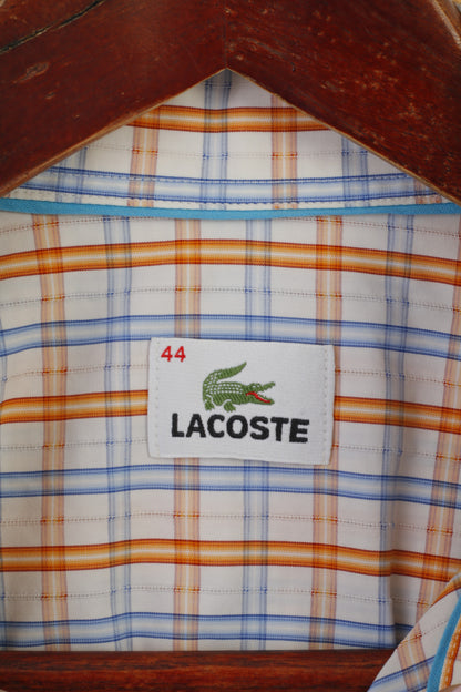 Lacoste Men 44 L Casual Shirt Blue Orange Check Cotton Long Sleeve Top